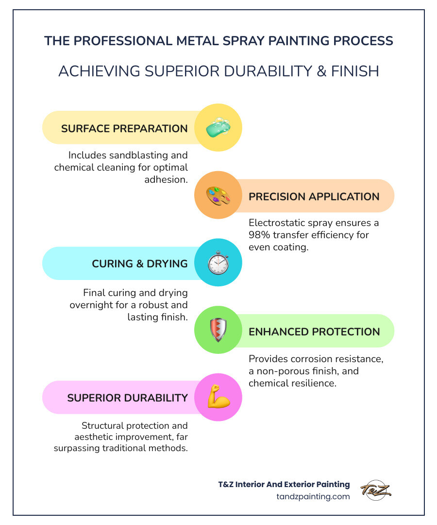 infographic showing metal spray painting process from surface preparation through sandblasting and chemical cleaning, to electrostatic spray application with 98% transfer efficiency, final curing and drying overnight, and resulting benefits including corrosion resistance, non-porous finish, chemical resistance, and structural protection with comparison of finish durability versus traditional methods - metal spray painting services near me infographic infographic-line-5-steps-colors