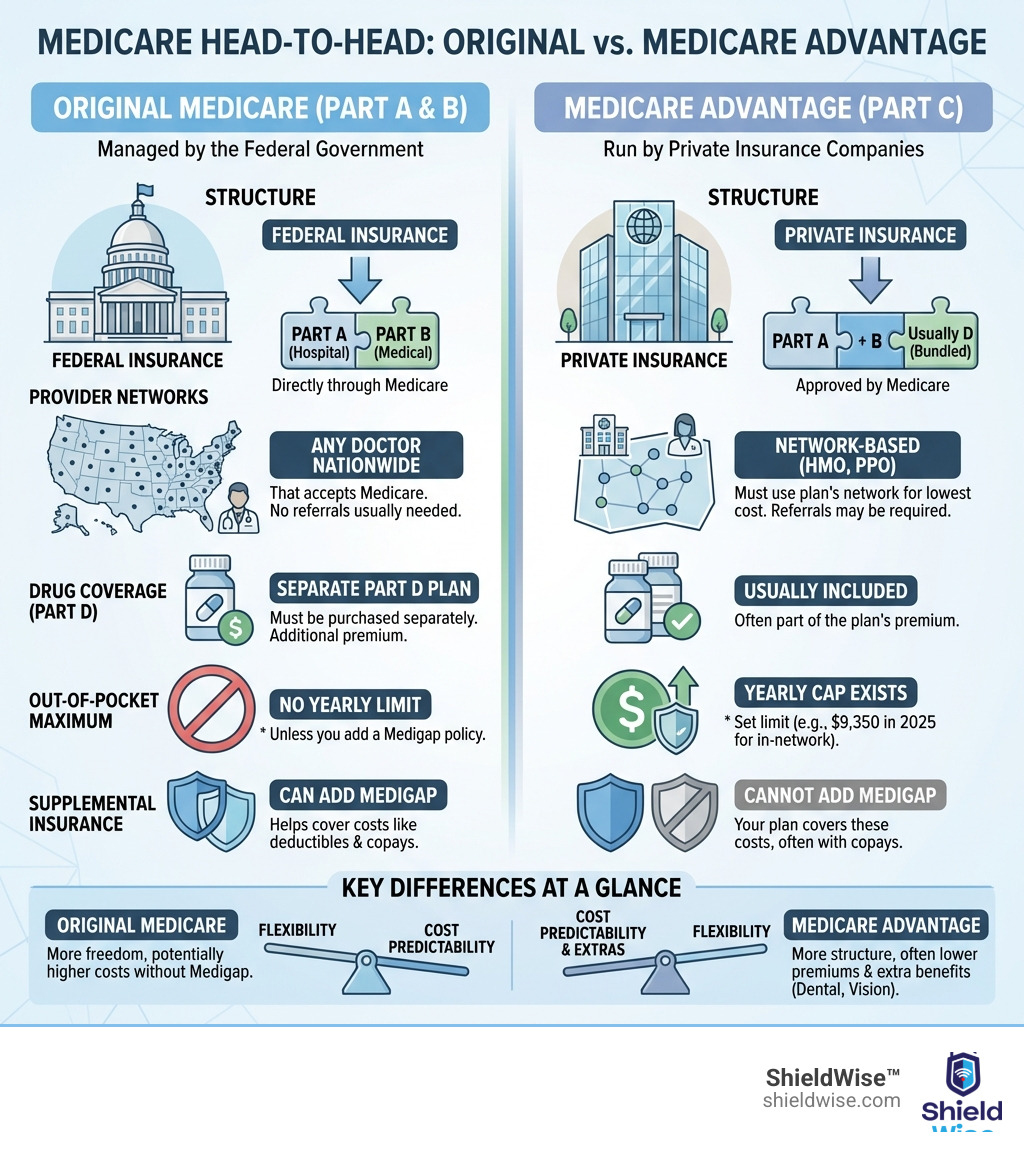 infographic comparing Original Medicare and Medicare Advantage side by side showing federal vs private insurance structure, provider networks, drug coverage options, out-of-pocket maximums, and supplemental insurance rules - difference between medicare advantage and original medicare infographic 