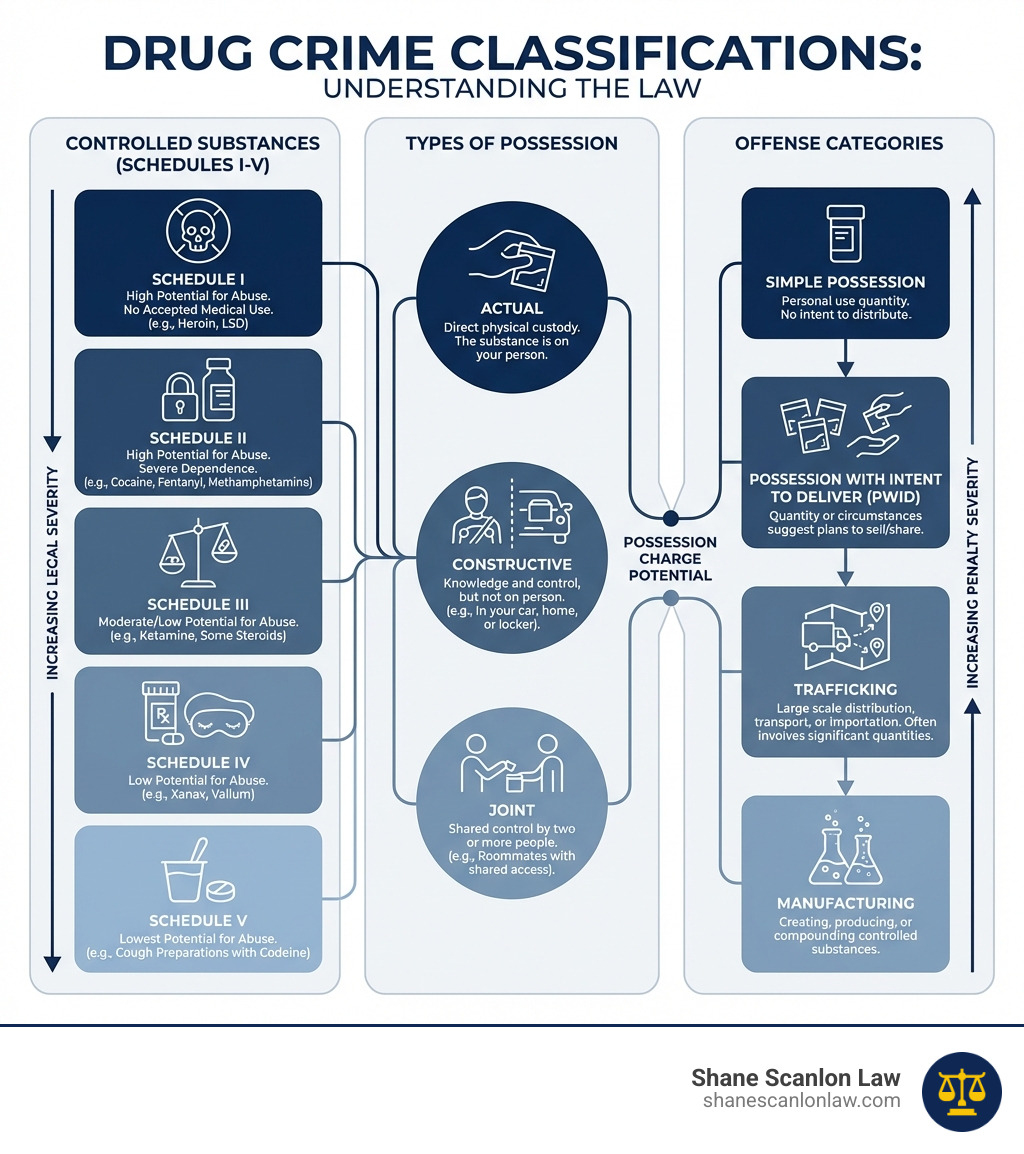 Infographic showing drug crime classifications: Schedule I through V controlled substances, types of possession (actual, constructive, joint), and offense categories (simple possession, possession with intent to deliver, trafficking, manufacturing) - drug crime lawyer infographic Infographic showing drug crime classifications: Schedule I through V controlled substances, types of possession (actual, constructive, joint), and offense categories (simple possession, possession with intent to deliver, trafficking, manufacturing) - drug crime lawyer infographic