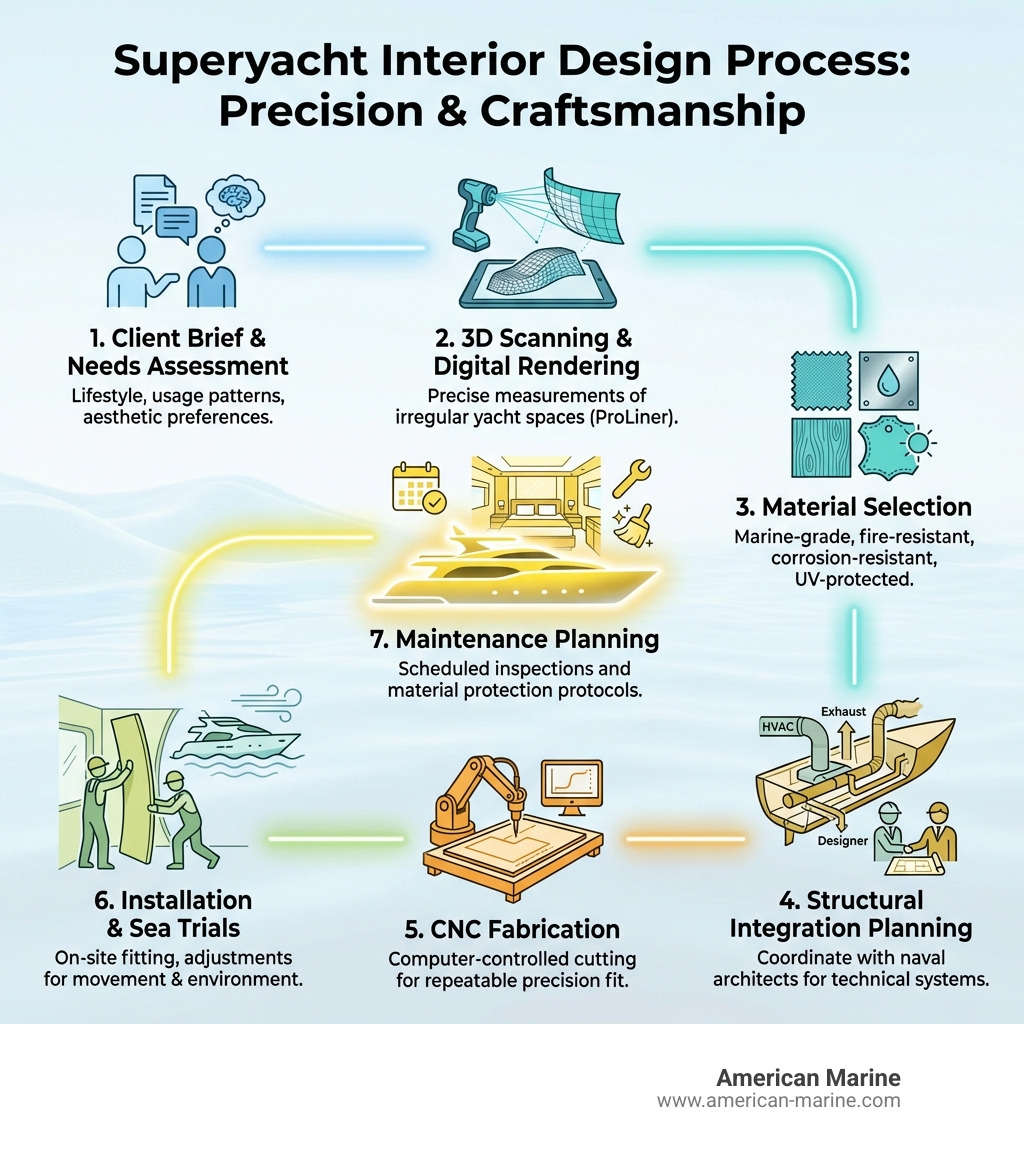 Infographic showing the superyacht interior design process: 1. Client Brief & Needs Assessment - Understanding lifestyle, usage patterns, and aesthetic preferences. 2. 3D Scanning & Digital Rendering - Precise measurements of irregular yacht spaces using ProLiner technology. 3. Material Selection - Marine-grade fabrics, fire-resistant finishes, corrosion-resistant metals, UV-protected leathers. 4. Structural Integration Planning - Coordinating with naval architects to incorporate exhaust trunking, AC ducting, and technical systems. 5. CNC Fabrication - Computer-controlled cutting ensures repeatable precision fit. 6. Installation & Sea Trials - On-site fitting with adjustments for movement and environmental factors. 7. Maintenance Planning - Scheduled inspections and material protection protocols. - superyacht interior design infographic 