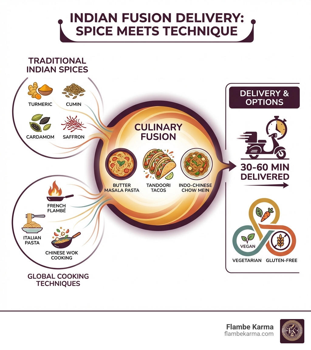 Infographic showing the key elements of Indian fusion delivery: Traditional Indian spices (turmeric, cumin, cardamom, saffron) meet global cooking techniques (French flambé, Italian pasta, Chinese wok cooking), resulting in signature fusion dishes like Butter Masala Pasta, Tandoori Tacos, and Indo-Chinese Chow Mein, delivered within 30-60 minutes with vegetarian, vegan, and gluten-free options available - indian fusion delivery infographic 