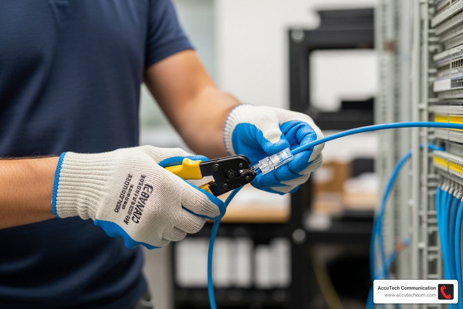 Technician terminating a Cat6a cable in a commercial setting - data cable installer near me