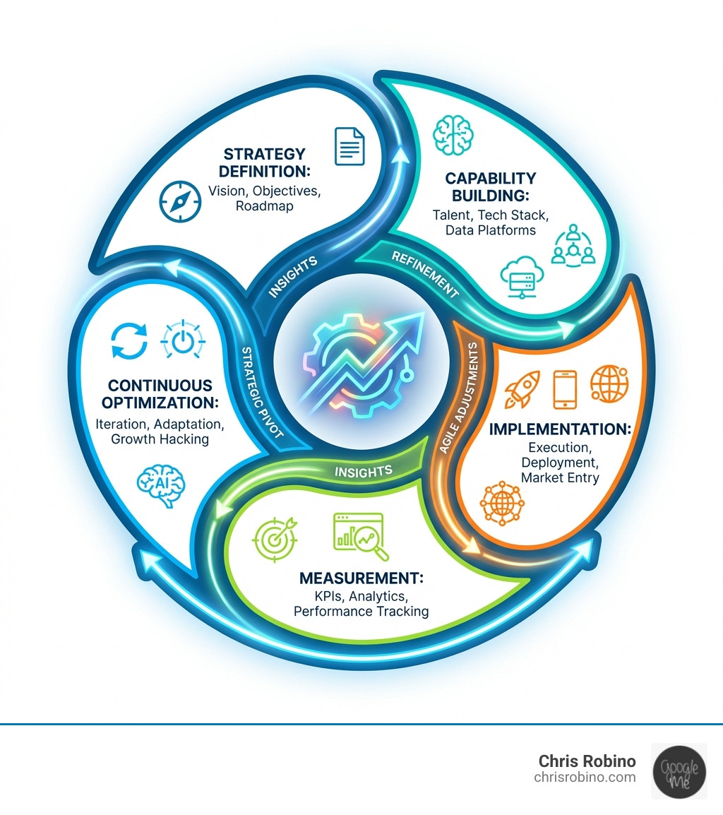 infographic showing the digital growth lifecycle from strategy definition through capability building, implementation, measurement, and continuous optimization with feedback loops connecting each stage - Digital growth solutions infographic 