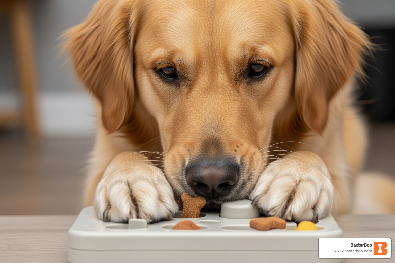 dog solving treat puzzle - dog boredom busters