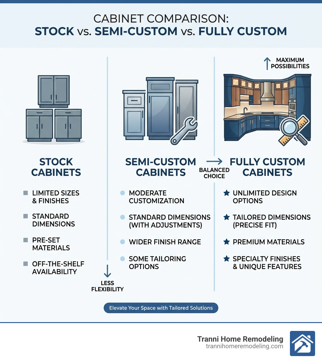Infographic comparing stock cabinets with limited sizes and finishes, semi-custom cabinets with moderate customization within standard dimensions, and fully custom cabinets with unlimited design options, tailored dimensions, premium materials, and specialty finishes - Custom cabinets Woburn MA infographic Infographic comparing stock cabinets with limited sizes and finishes, semi-custom cabinets with moderate customization within standard dimensions, and fully custom cabinets with unlimited design options, tailored dimensions, premium materials, and specialty finishes - Custom cabinets Woburn MA infographic