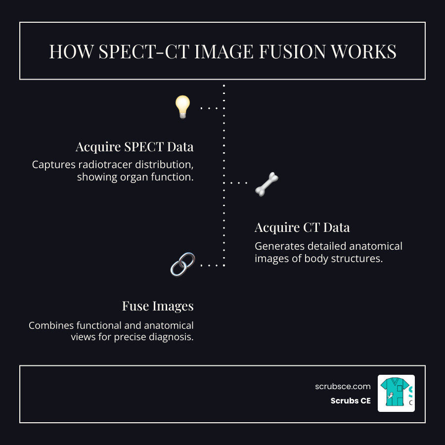 Infographic showing how SPECT-CT combines functional SPECT data with anatomical CT images through image fusion, displaying both radiopharmaceutical distribution and precise anatomical structures in a single integrated scan - SPECT CT imaging infographic infographic-line-3-steps-dark Infographic showing how SPECT-CT combines functional SPECT data with anatomical CT images through image fusion, displaying both radiopharmaceutical distribution and precise anatomical structures in a single integrated scan - SPECT CT imaging infographic infographic-line-3-steps-dark