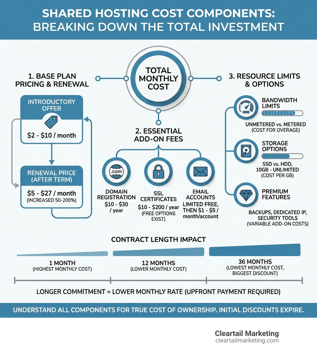 Detailed breakdown of shared hosting cost components including base plan pricing, renewal rates, domain fees, SSL certificates, email accounts, bandwidth limits, storage options, and contract length impacts on monthly costs - shared hosting price infographic Detailed breakdown of shared hosting cost components including base plan pricing, renewal rates, domain fees, SSL certificates, email accounts, bandwidth limits, storage options, and contract length impacts on monthly costs - shared hosting price infographic