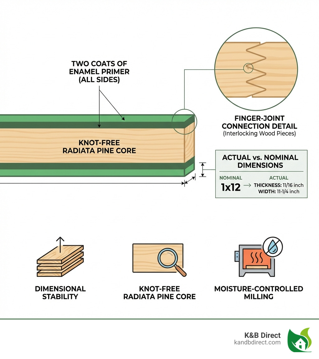 Infographic showing the anatomy of 1x12 primed pine finger-jointed board: cross-section displaying two coats of enamel primer on all four sides, finger-joint connection detail showing interlocking wood pieces, actual dimensions versus nominal sizing (11/16 inch thick by 11-1/4 inch wide), and key benefits including dimensional stability, knot-free Radiata pine core, and moisture-controlled milling - 1x12 primed pine infographic 