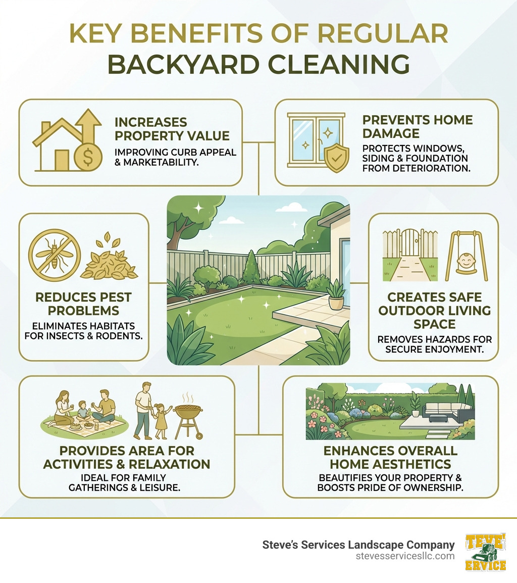 Infographic showing the key benefits of regular backyard cleaning: increases property value by improving curb appeal, prevents home damage to windows and siding, reduces pest problems by eliminating habitats, creates safe outdoor living space, provides area for family activities and relaxation, and enhances overall home aesthetics - backyard cleaning infographic 