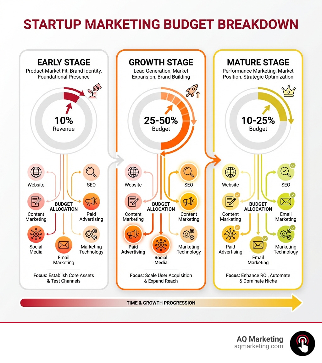 Startup Marketing Budget Breakdown showing percentage allocation across early stage (product-market fit, brand identity, foundational presence at 10% revenue), growth stage (lead generation, market expansion, brand building at 25-50% budget), and mature stage (performance marketing, market position, strategic optimization at 10-25% budget), with key components including website, SEO, content marketing, paid advertising, social media, email marketing, and marketing technology - marketing costs for a startup infographic Startup Marketing Budget Breakdown showing percentage allocation across early stage (product-market fit, brand identity, foundational presence at 10% revenue), growth stage (lead generation, market expansion, brand building at 25-50% budget), and mature stage (performance marketing, market position, strategic optimization at 10-25% budget), with key components including website, SEO, content marketing, paid advertising, social media, email marketing, and marketing technology - marketing costs for a startup infographic