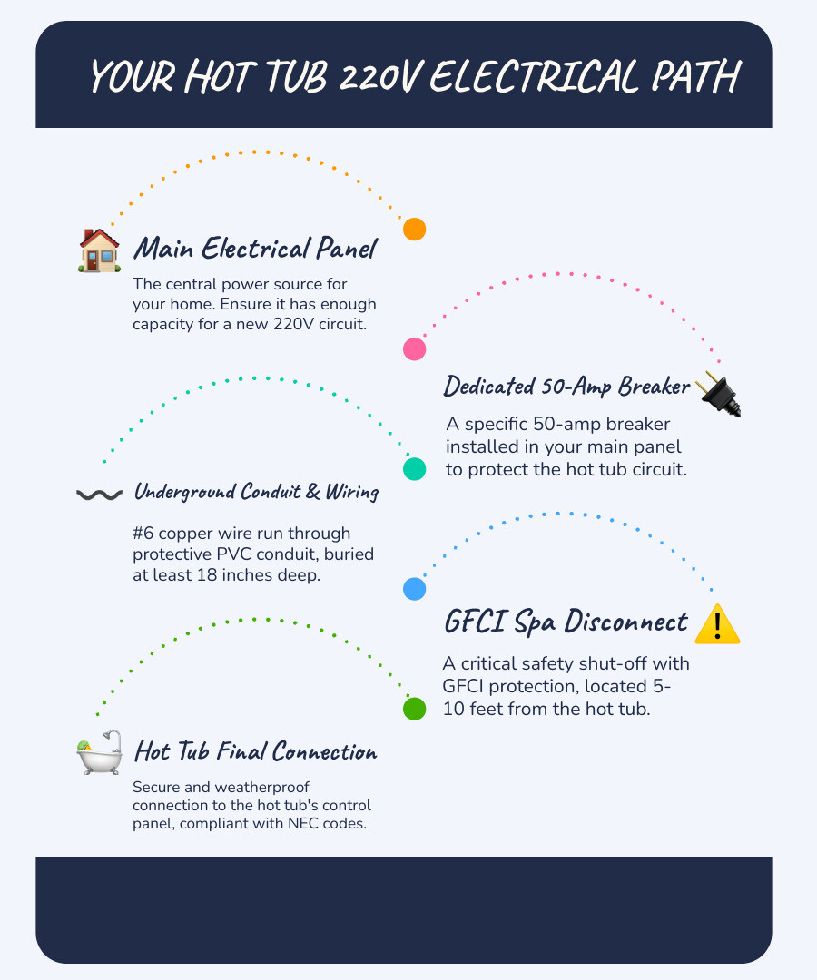Infographic showing the electrical path from main panel through breaker, underground conduit, GFCI disconnect, and final connection to hot tub, with cost ranges for each component and notes on permits and inspection requirements - cost to install 220v outlet for hot tub infographic infographic-line-5-steps-blues-accent_colors Infographic showing the electrical path from main panel through breaker, underground conduit, GFCI disconnect, and final connection to hot tub, with cost ranges for each component and notes on permits and inspection requirements - cost to install 220v outlet for hot tub infographic infographic-line-5-steps-blues-accent_colors