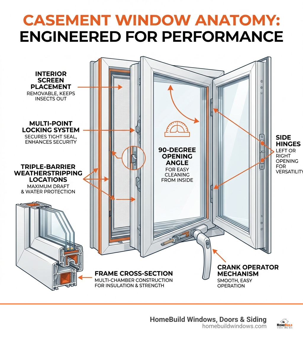 Infographic showing casement window anatomy with labeled parts: side hinges for left or right opening, crank operator mechanism, multi-point locking system for tight seal, 90-degree opening angle for easy cleaning, interior screen placement, triple-barrier weatherstripping locations, and frame cross-section showing multi-chamber construction for insulation - casement window replacement infographic 