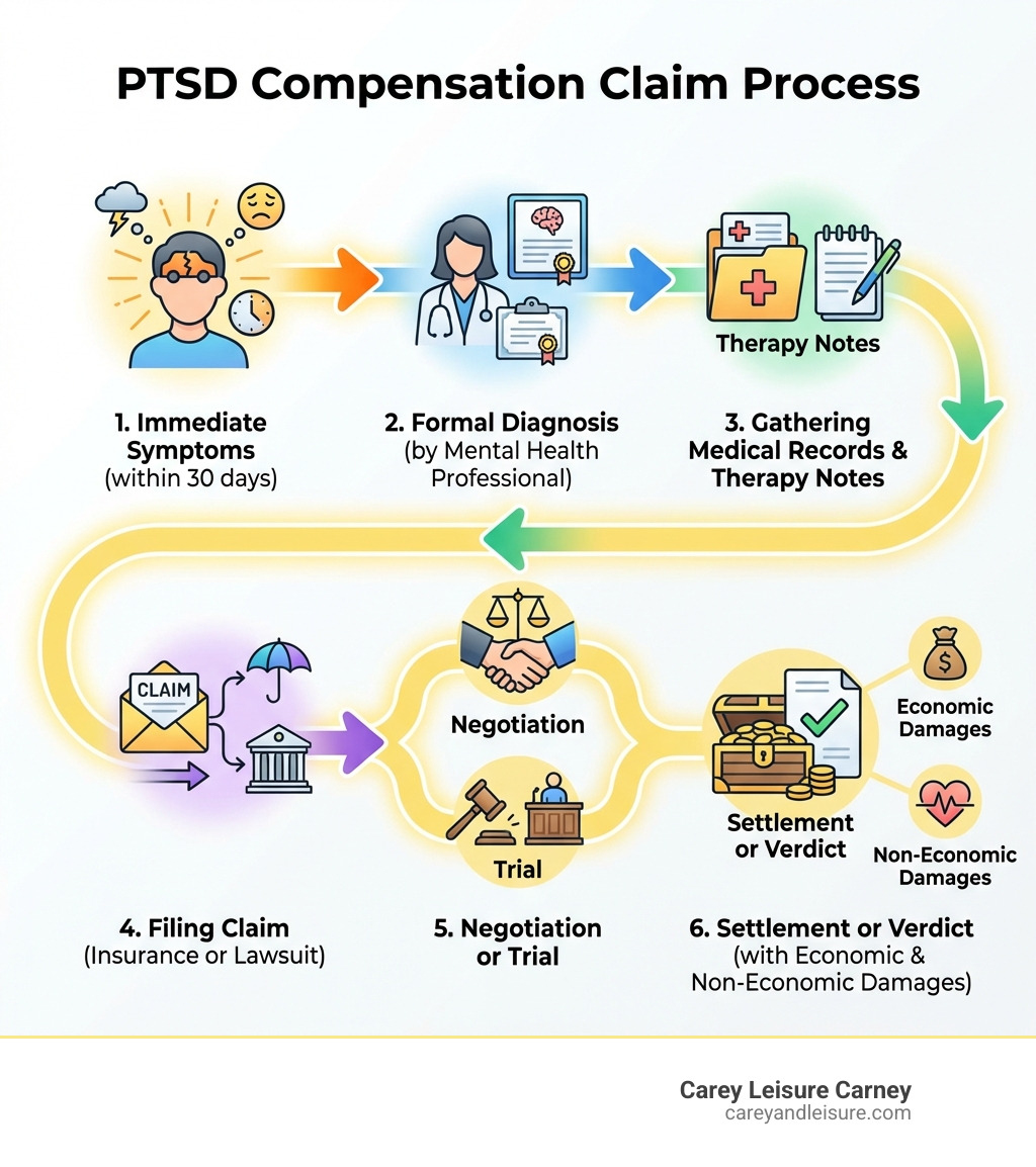 infographic showing PTSD compensation claim process: immediate symptoms within 30 days, formal diagnosis by mental health professional, gathering medical records and therapy notes, filing claim with insurance or lawsuit, negotiation or trial, settlement or verdict with economic and non-economic damages - compensation for ptsd after car accident infographic 