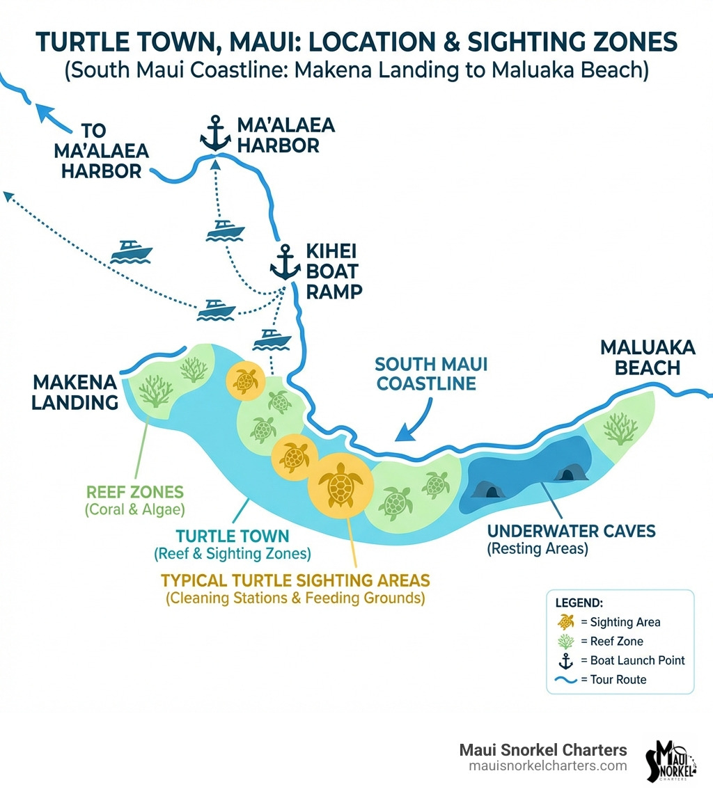 Infographic showing Turtle Town location map along South Maui coastline between Makena Landing and Maluaka Beach, with reef zones, typical turtle sighting areas, and boat launch points marked - turtle town maui reviews infographic 