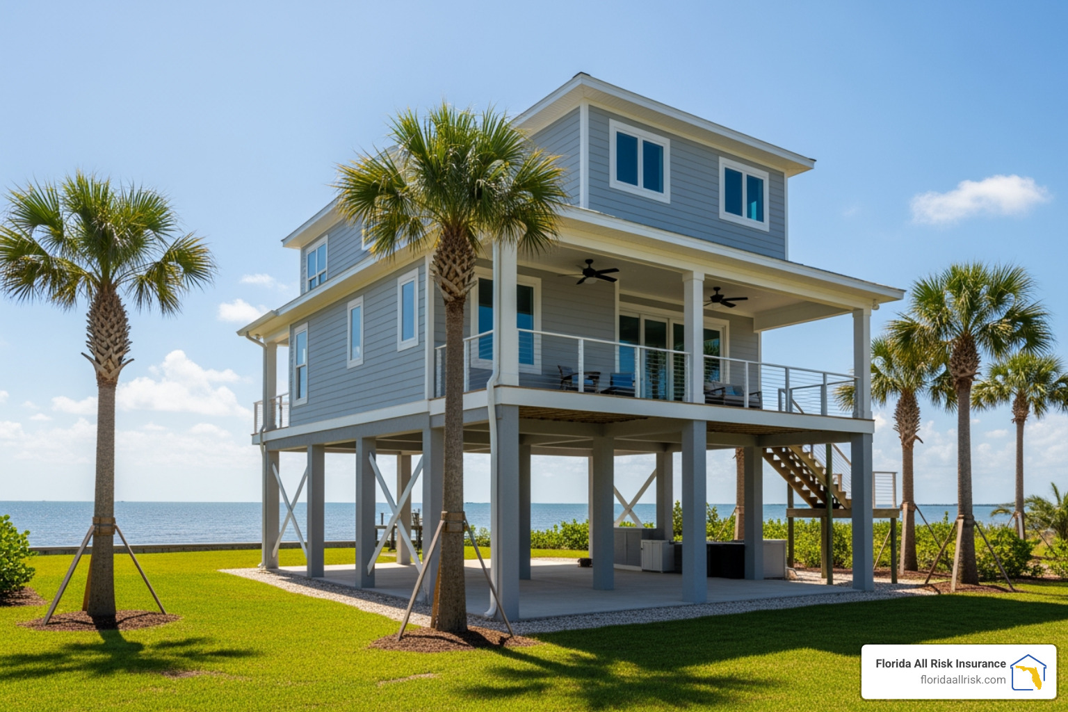 A house being elevated on stilts to reduce flood risk in a coastal community - what does flood insurance cover