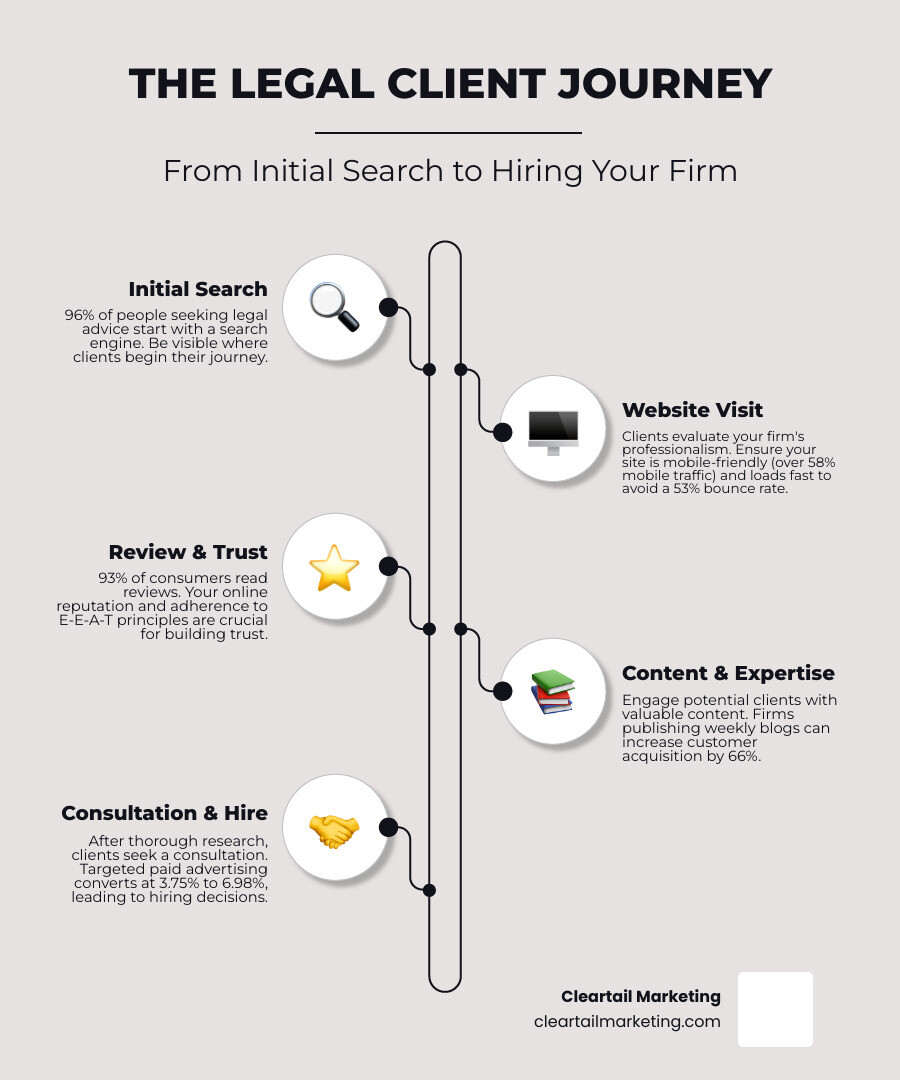 infographic showing the legal client journey from initial search query through website visit, review reading, content consumption, consultation request, and final hiring decision with key statistics at each stage - Online marketing for attorneys infographic infographic-line-5-steps-elegant_beige