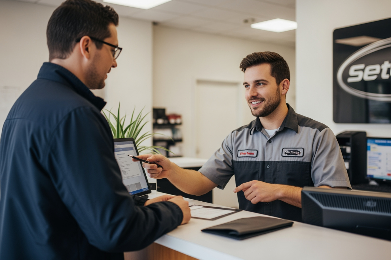 a service advisor talking to a customer - genuine auto service
