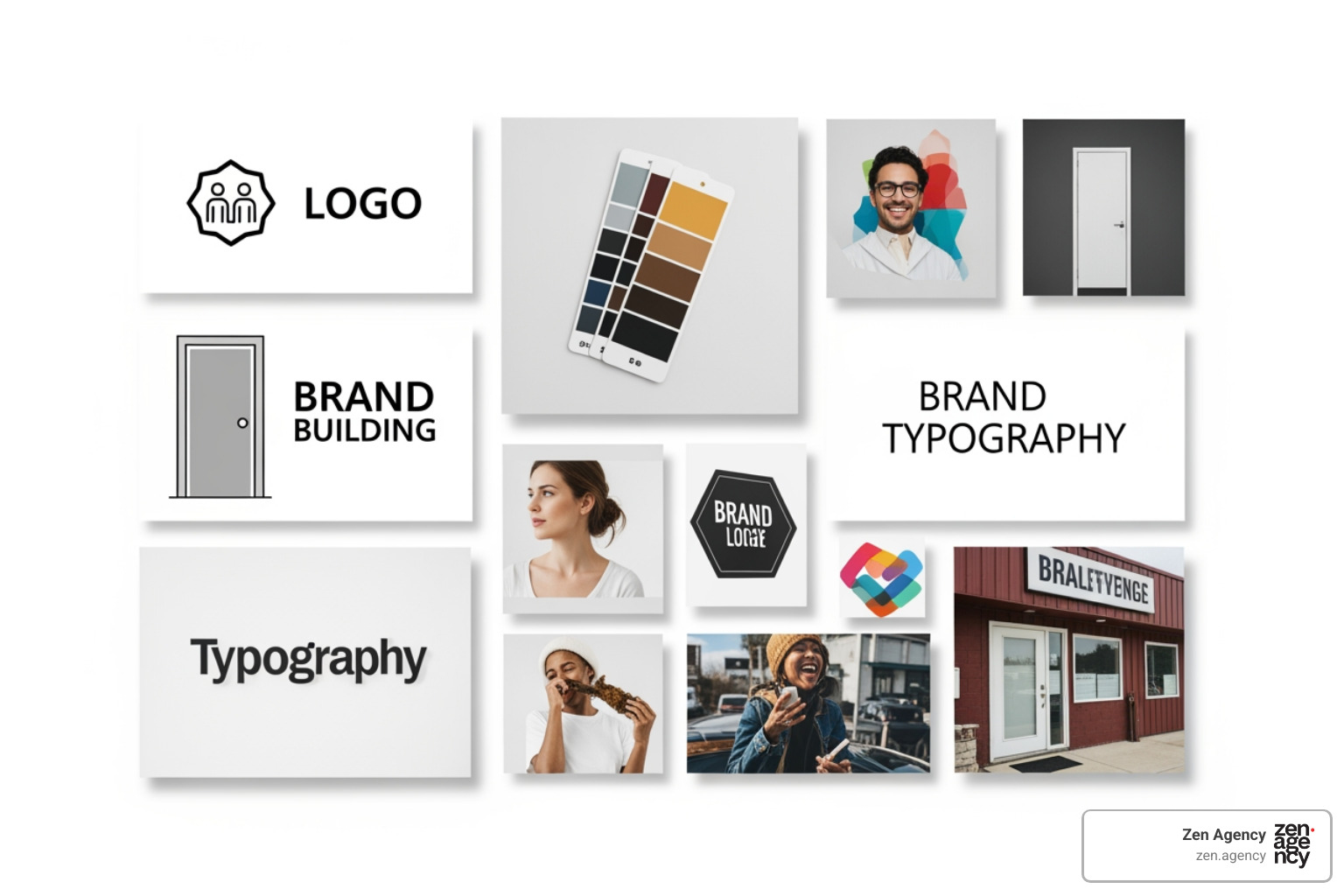 Image of brand design building blocks like logo, color palette, typography, and imagery - Custom brand identity Image of brand design building blocks like logo, color palette, typography, and imagery - Custom brand identity