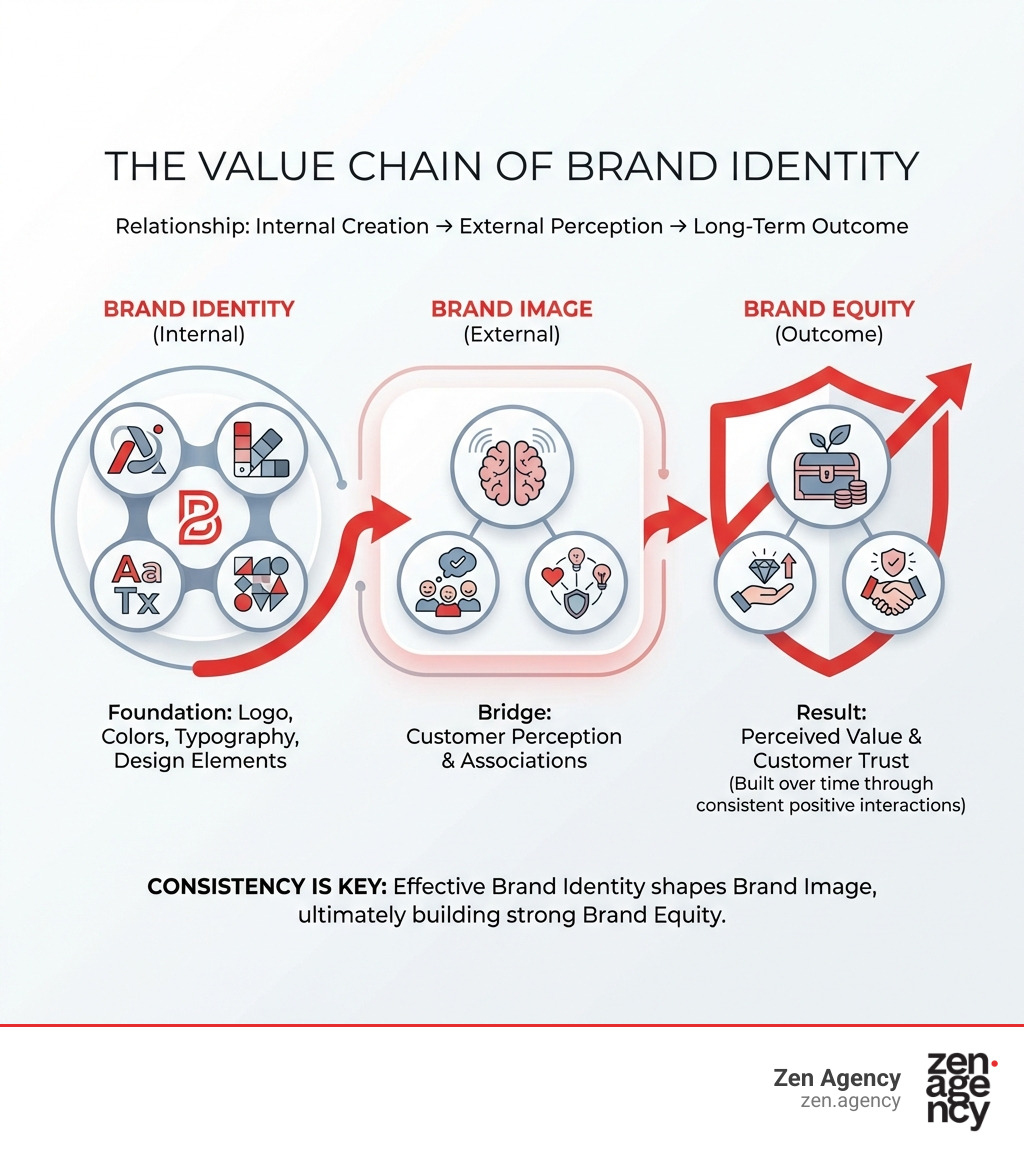 Infographic showing the relationship between brand identity (internal: logo, colors, typography, design elements), brand image (external: customer perception and associations), and brand equity (outcome: perceived value and customer trust built over time through consistent positive interactions) - Custom brand identity infographic Infographic showing the relationship between brand identity (internal: logo, colors, typography, design elements), brand image (external: customer perception and associations), and brand equity (outcome: perceived value and customer trust built over time through consistent positive interactions) - Custom brand identity infographic