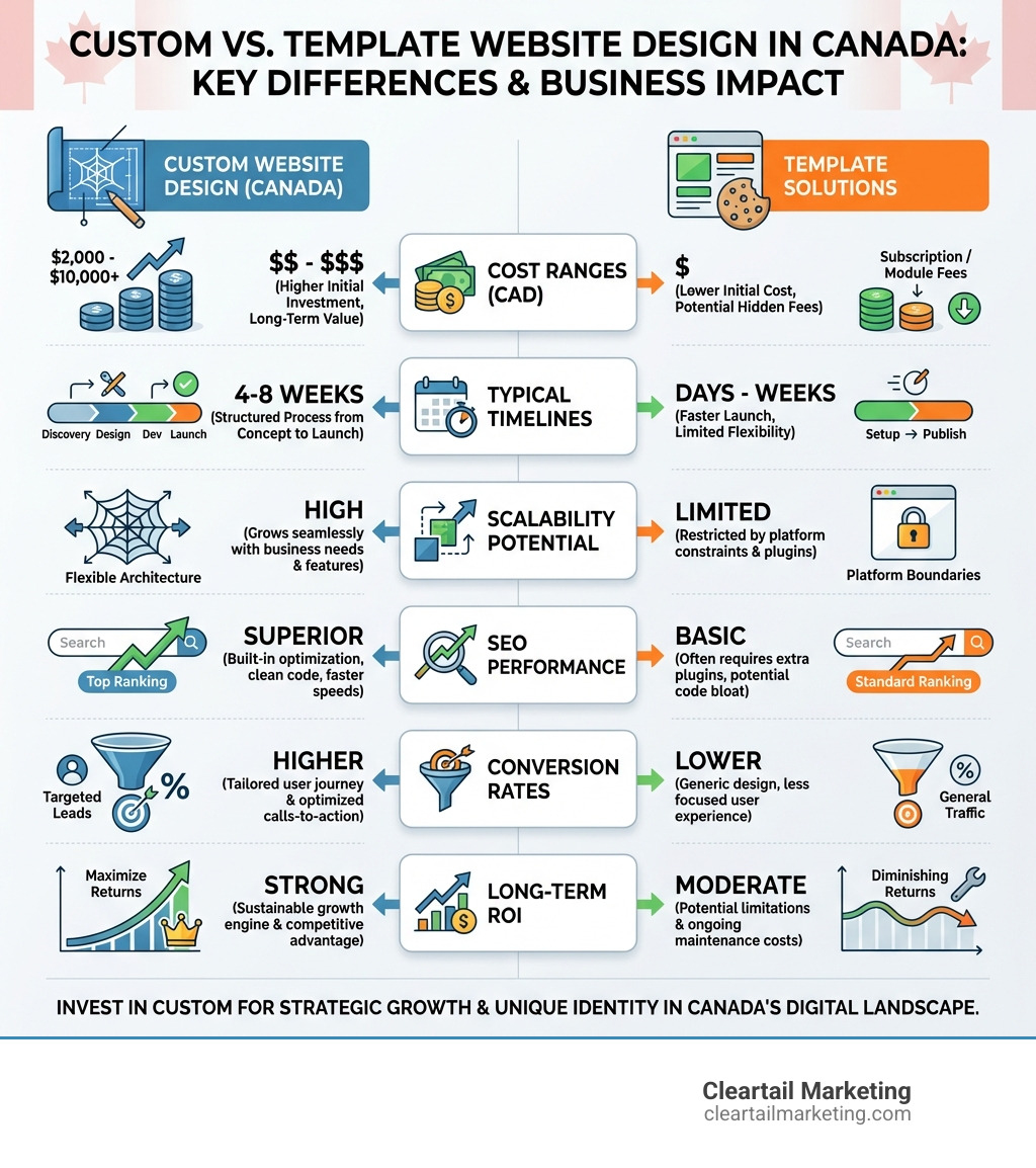 INFOGRAPHIC SHOWING THE KEY DIFFERENCES BETWEEN CUSTOM WEBSITE DESIGN AND TEMPLATE SOLUTIONS IN CANADA, INCLUDING COMPARISONS OF COST RANGES, TYPICAL TIMELINES, SCALABILITY POTENTIAL, SEO PERFORMANCE, CONVERSION RATES, AND LONG-TERM ROI FOR CANADIAN BUSINESSES - CUSTOM WEBSITE DESIGN CANADA INFOGRAPHIC 