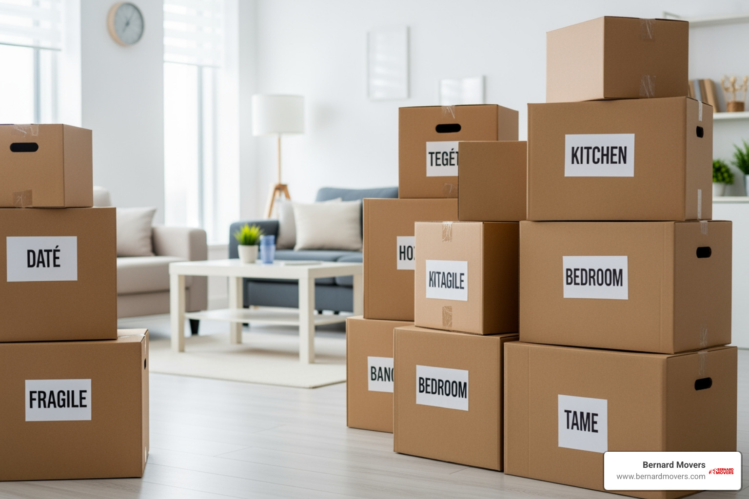 Organized moving boxes in a modern apartment - moving apartments in same building movers
