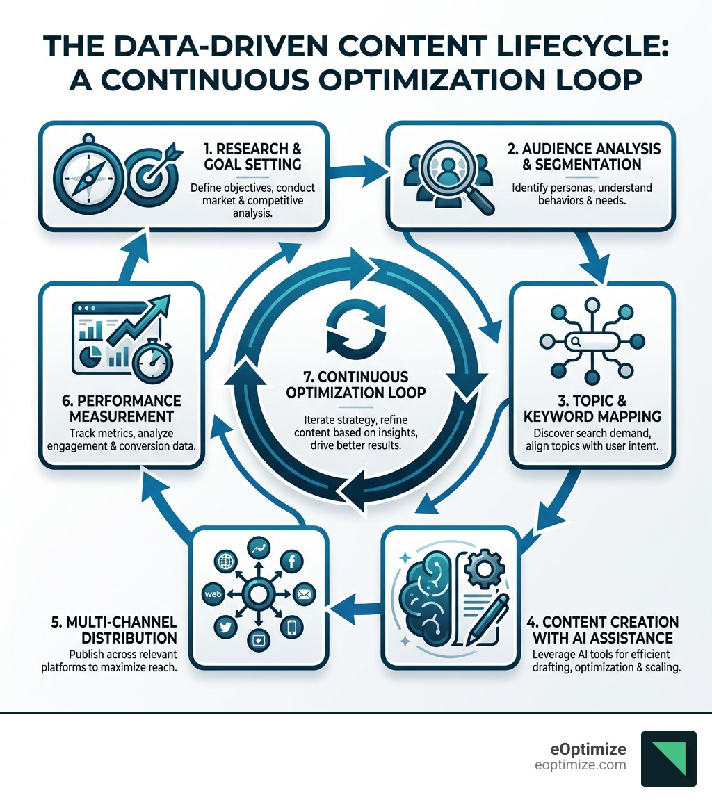 infographic explaining the data-driven content lifecycle: research and goal setting, audience analysis and segmentation, topic and keyword mapping, content creation with AI assistance, multi-channel distribution, performance measurement, and continuous optimization loop - Data-driven content strategy infographic