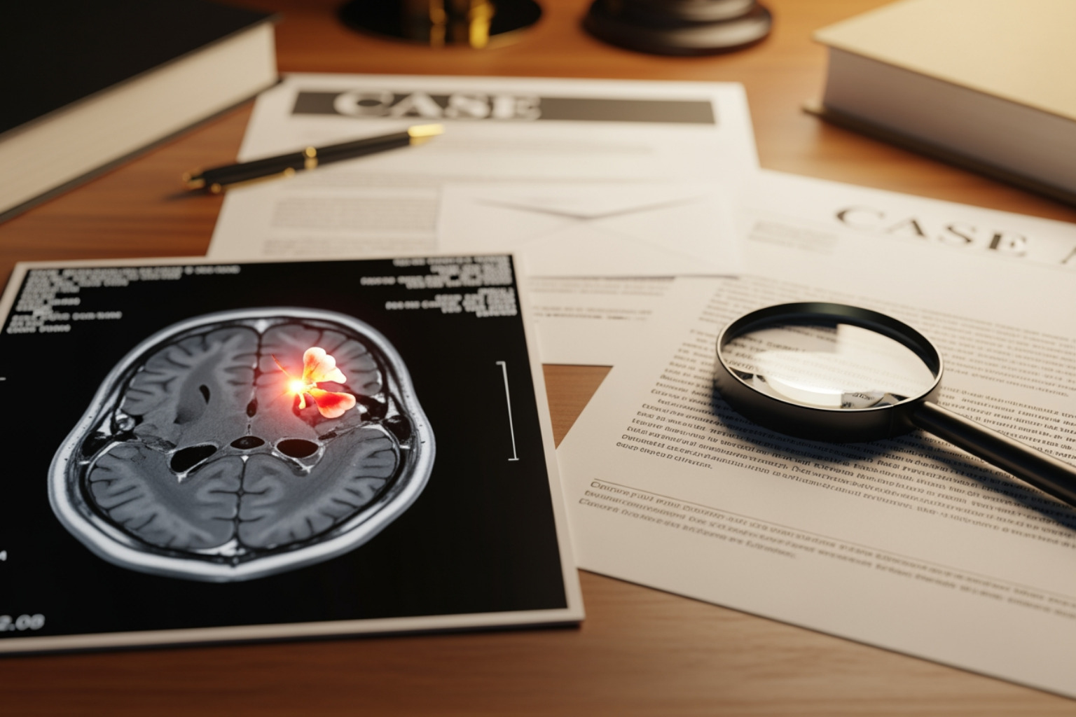 Medical imaging used as legal evidence, showing an MRI scan of a brain with an highlighted area indicating injury, alongside a magnifying glass and legal documents, symbolizing the use of medical evidence in legal cases. - brain and spine injury lawyer