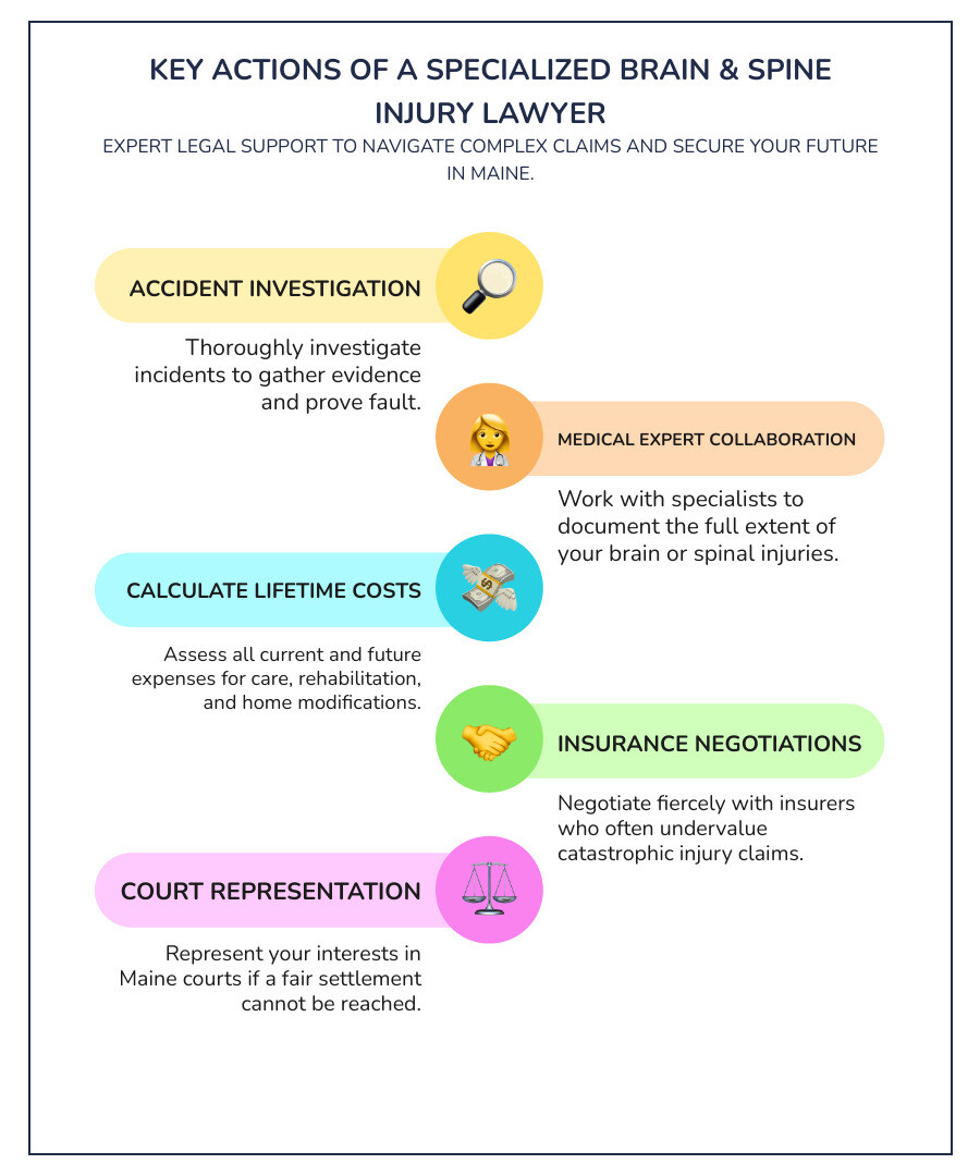 Infographic showing the key differences between Traumatic Brain Injury (TBI) mechanisms including direct impact, violent shaking, penetration, and oxygen deprivation versus Spinal Cord Injury (SCI) mechanisms including compression, fracture, dislocation, and nerve damage. Chart includes icons for each mechanism and statistics: 2.5 million TBI emergency admissions per year and 30,000 SCI cases annually in the U.S. Bottom section lists what a Maine brain and spine injury lawyer does: investigates accident, works with medical experts, calculates lifetime costs, negotiates with insurers, and represents clients in court. - brain and spine injury lawyer infographic infographic-line-5-steps-colors