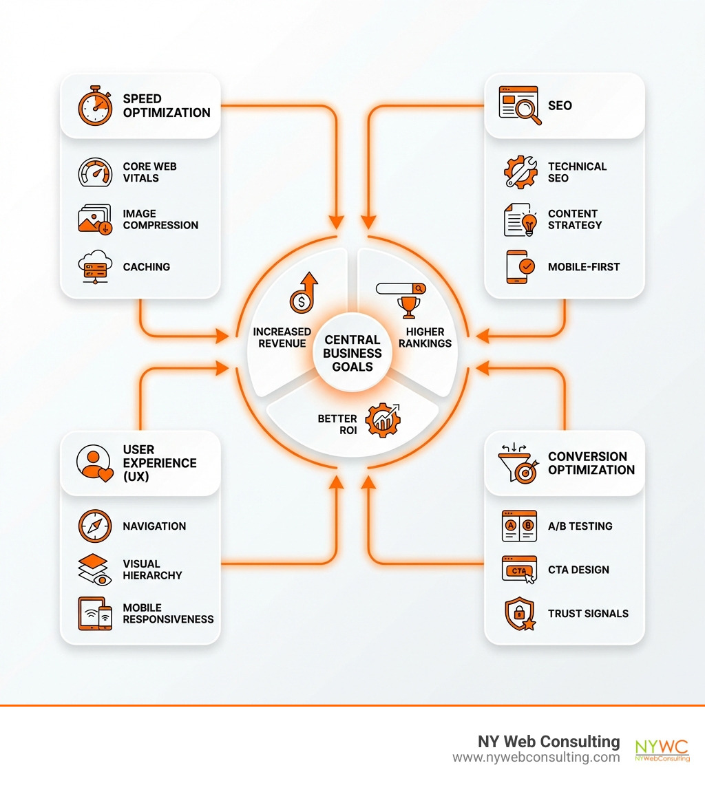 Comprehensive infographic showing the website optimization ecosystem with four main pillars: Speed Optimization (Core Web Vitals, image compression, caching), SEO (technical SEO, content strategy, mobile-first), User Experience (navigation, visual hierarchy, mobile responsiveness), and Conversion Optimization (A/B testing, CTA design, trust signals), all connecting to central business goals of increased revenue, higher rankings, and better ROI - website optimization services infographic Comprehensive infographic showing the website optimization ecosystem with four main pillars: Speed Optimization (Core Web Vitals, image compression, caching), SEO (technical SEO, content strategy, mobile-first), User Experience (navigation, visual hierarchy, mobile responsiveness), and Conversion Optimization (A/B testing, CTA design, trust signals), all connecting to central business goals of increased revenue, higher rankings, and better ROI - website optimization services infographic