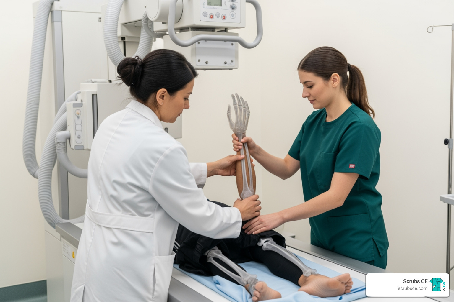Healthcare professional preparing a patient for a skeletal X-ray - Limited scope X-ray Healthcare professional preparing a patient for a skeletal X-ray - Limited scope X-ray