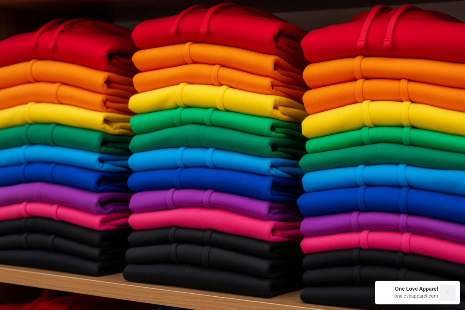 a variety of colorful blank hoodies stacked on a shelf; blank apparel; customization; local sourcing - blank hoodies near me
