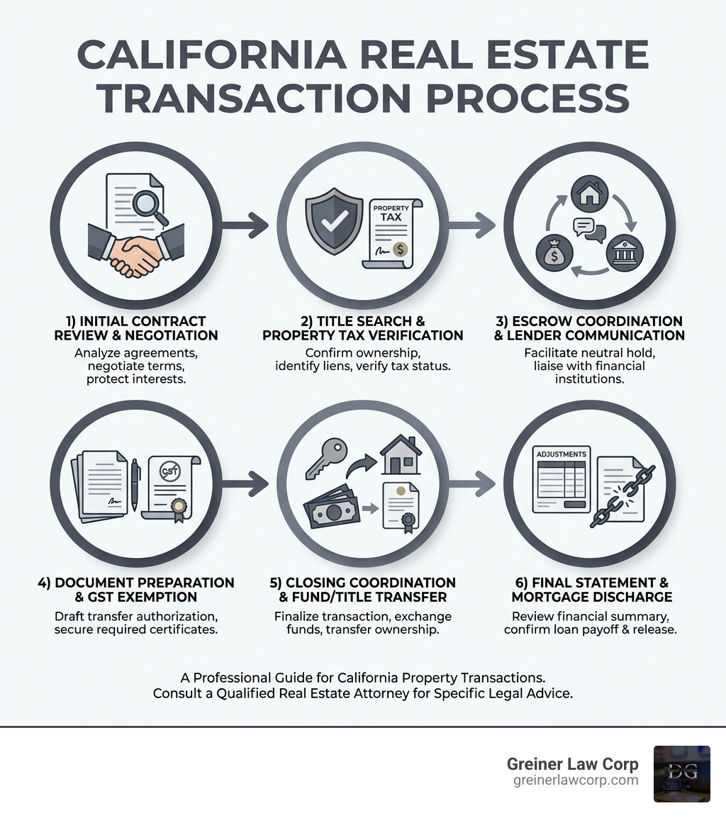 Infographic showing the California real estate transaction process: 1) Initial contract review and negotiation, 2) Title search and property tax verification, 3) Escrow coordination and lender communication, 4) Document preparation including transfer authorization and GST exemption certificates, 5) Closing coordination with fund and title transfer, 6) Final statement of adjustments and mortgage discharge - real estate lawyer Riverside infographic 