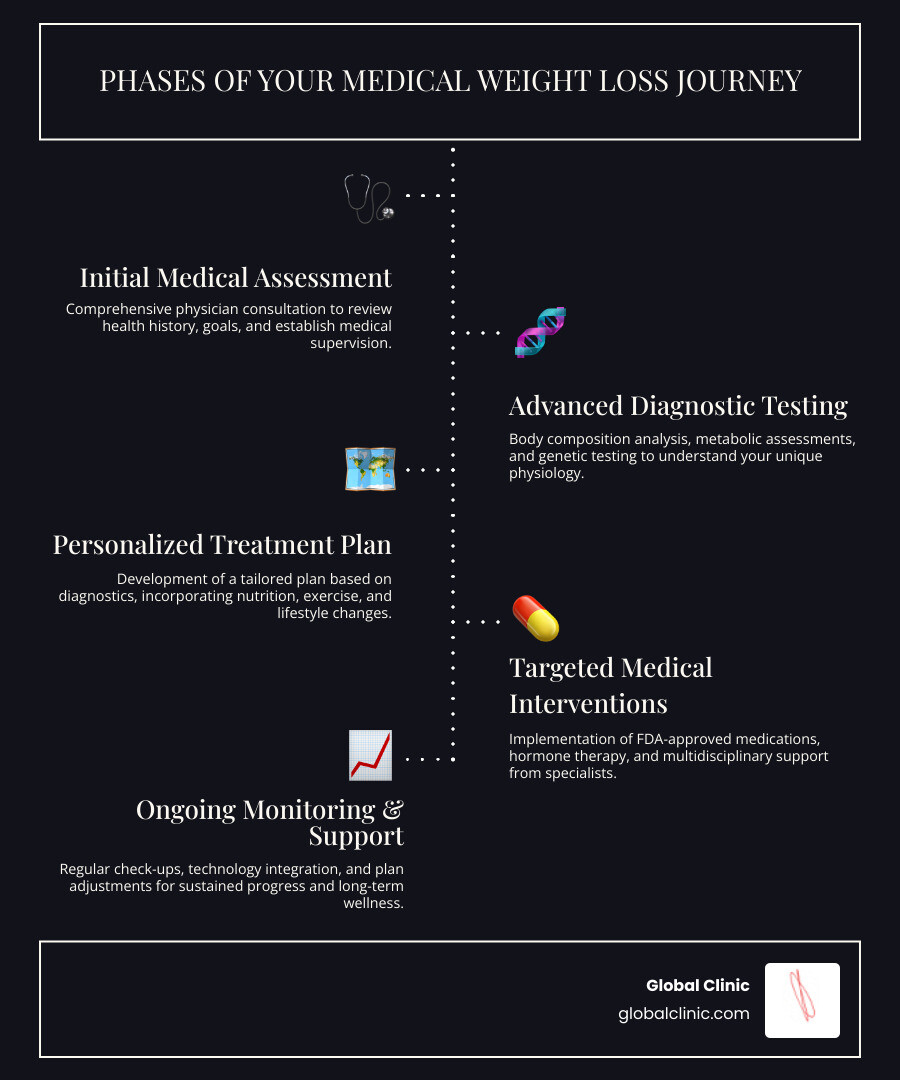 infographic showing the phases of a medical weight loss journey from initial consultation through body composition analysis to personalized treatment plan development with ongoing monitoring and adjustments - dr weight loss clinic infographic infographic-line-5-steps-dark