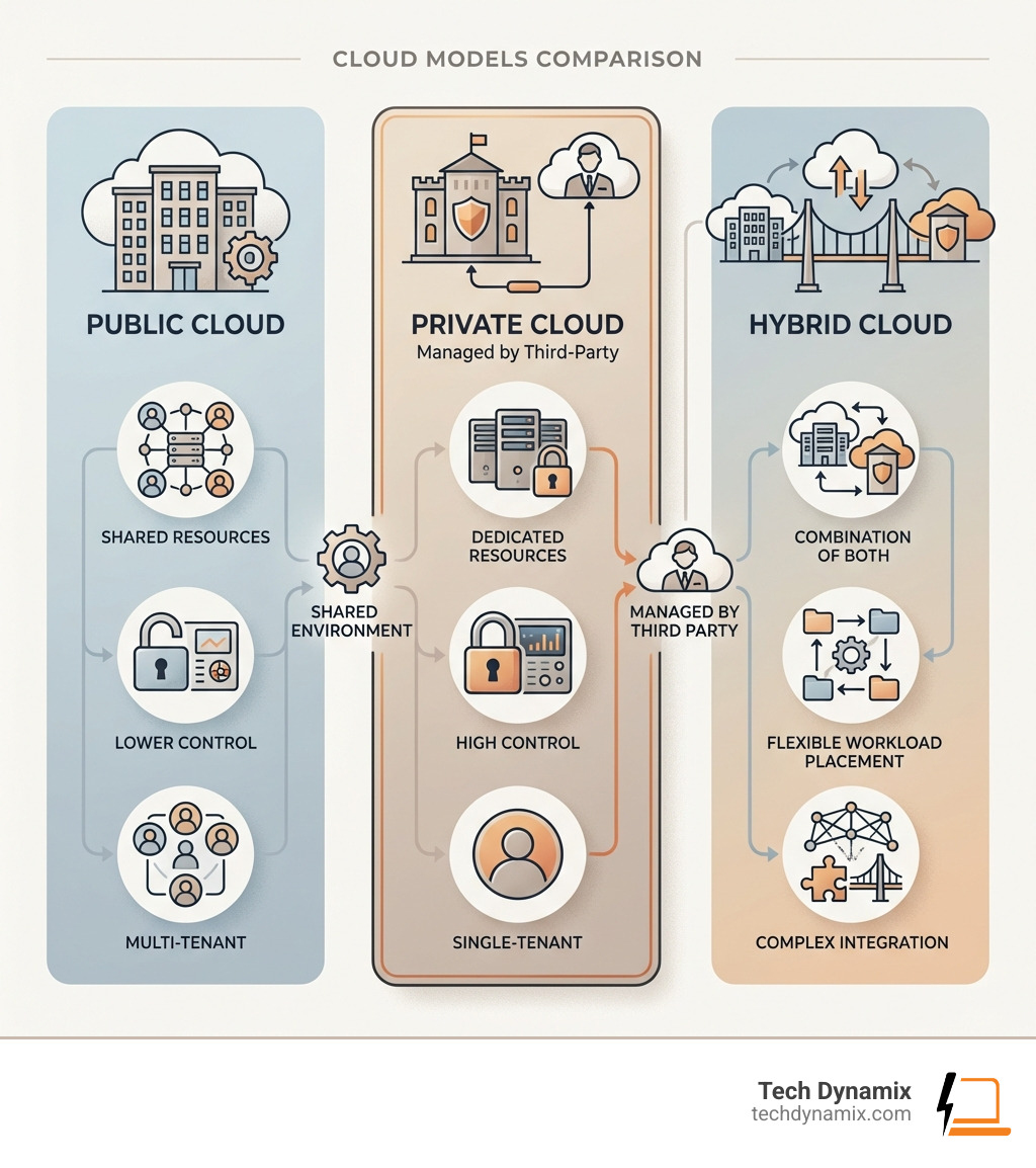 Infographic comparing Public Cloud (shared resources, lower control, multi-tenant), Private Cloud (dedicated resources, high control, single-tenant, managed by third party), and Hybrid Cloud (combination of both, flexible workload placement, complex integration) - Managed private cloud infographic Infographic comparing Public Cloud (shared resources, lower control, multi-tenant), Private Cloud (dedicated resources, high control, single-tenant, managed by third party), and Hybrid Cloud (combination of both, flexible workload placement, complex integration) - Managed private cloud infographic