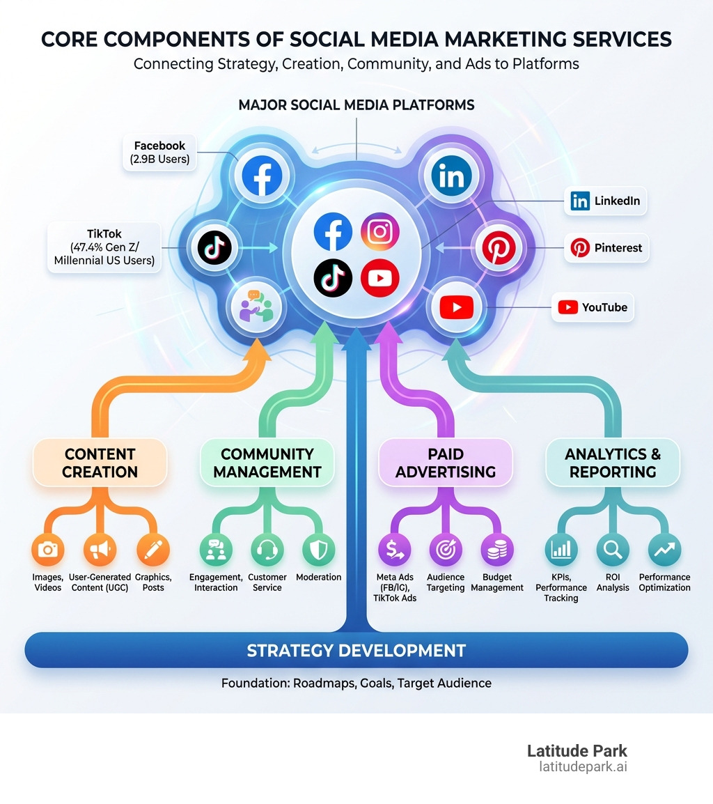 Infographic showing the core components of social media marketing services: Strategy Development at the foundation, branching into Content Creation (images, videos, user-generated content), Community Management (engagement, customer service, moderation), Paid Advertising (Meta ads, TikTok ads, audience targeting), and Analytics & Reporting (KPIs, ROI tracking, performance optimization), all connected to major platforms including Facebook (2.9B users), Instagram, TikTok (47.4% Gen Z/Millennial), LinkedIn, Pinterest, and YouTube - social media marketing services infographic 