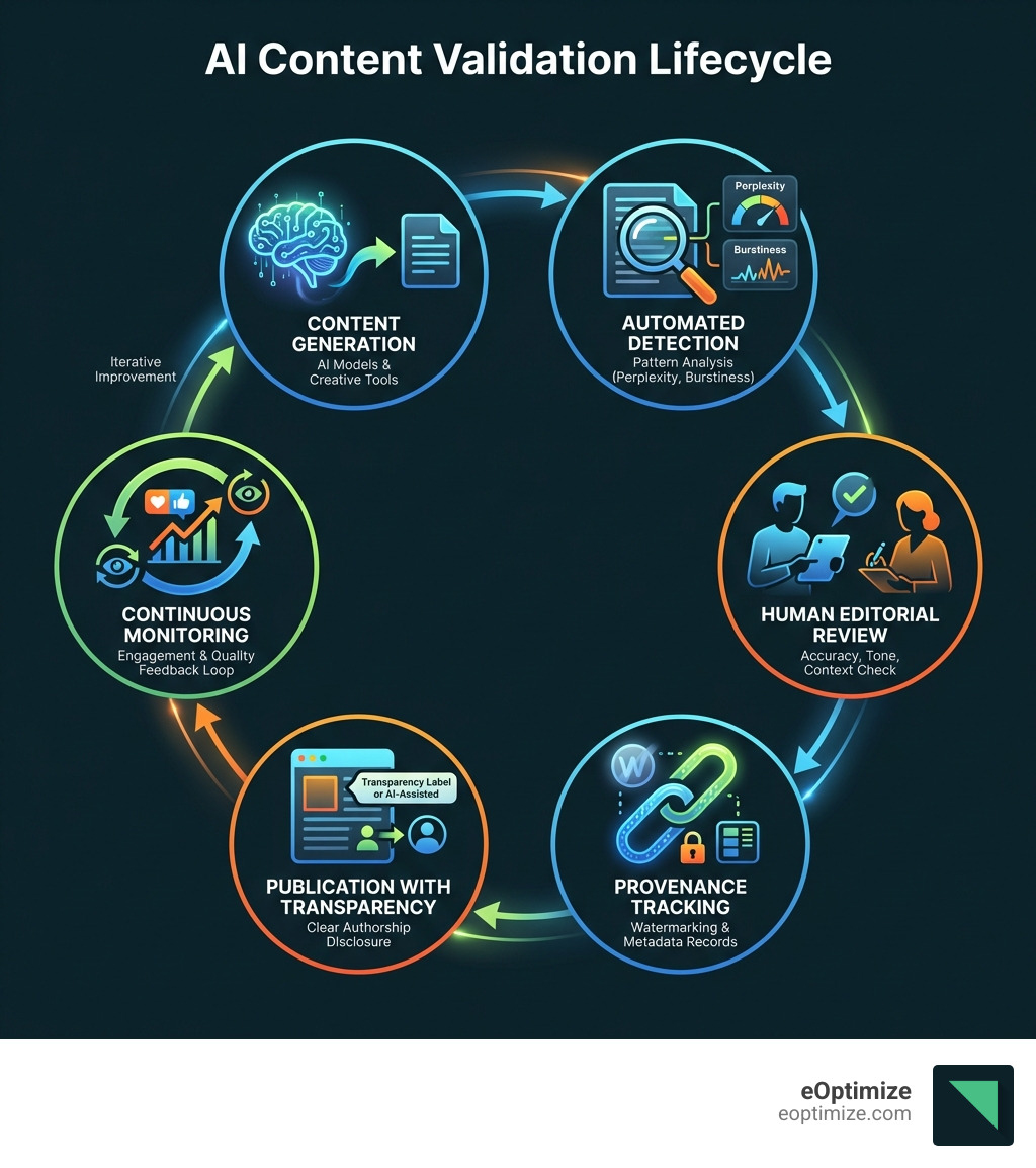 Infographic showing the AI content validation lifecycle: content generation, automated detection using perplexity and burstiness metrics, human editorial review for accuracy and tone, provenance tracking with watermarking and metadata, publication with transparency about authorship, and continuous monitoring for engagement and quality - AI content validation infographic 