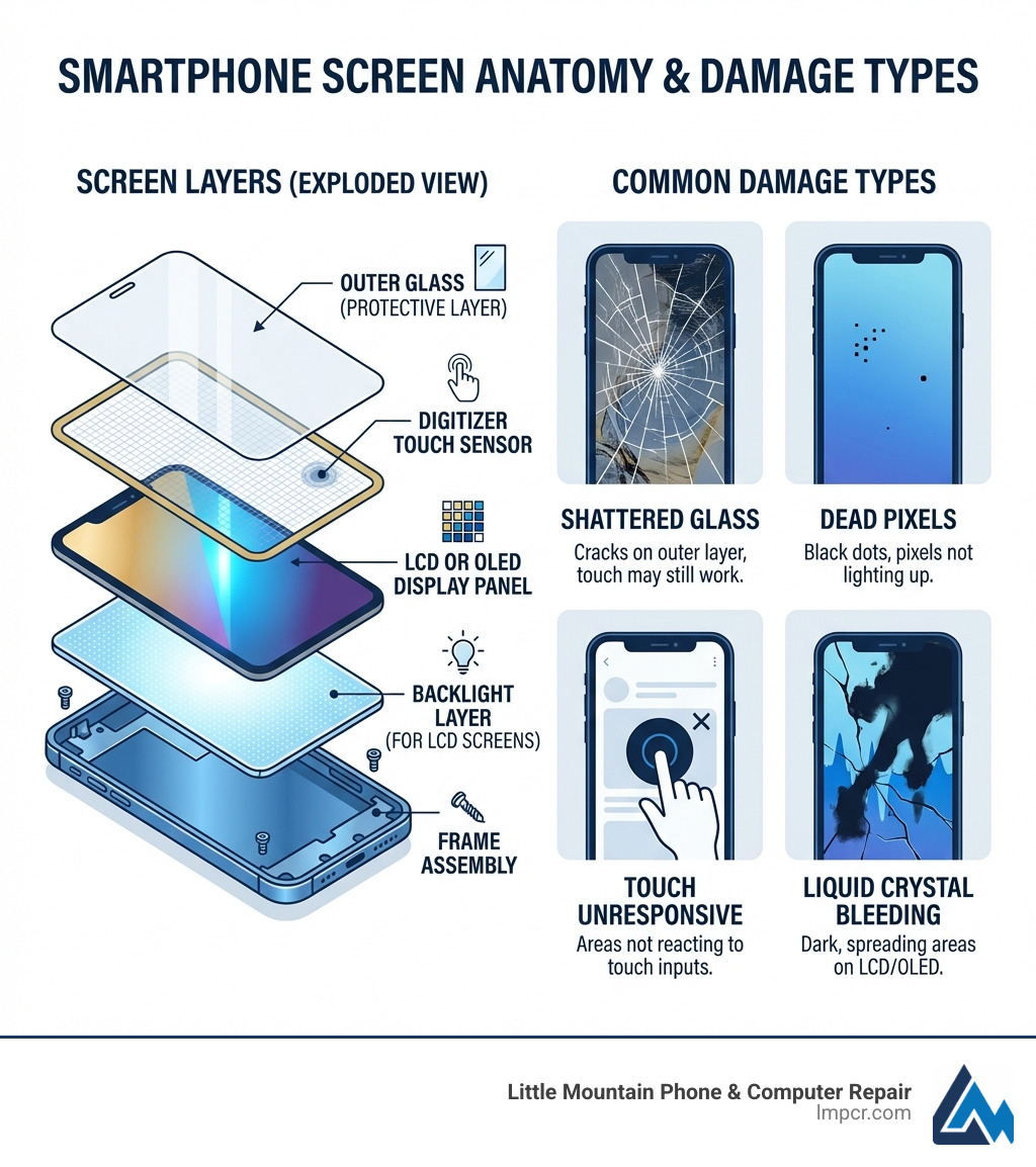infographic showing smartphone screen anatomy with labeled layers: outer glass protective layer, digitizer touch sensor layer, LCD or OLED display panel, backlight layer for LCD screens, and frame assembly, plus common damage types like shattered glass, dead pixels, touch unresponsive areas, and liquid crystal bleeding - phone screen repair infographic 