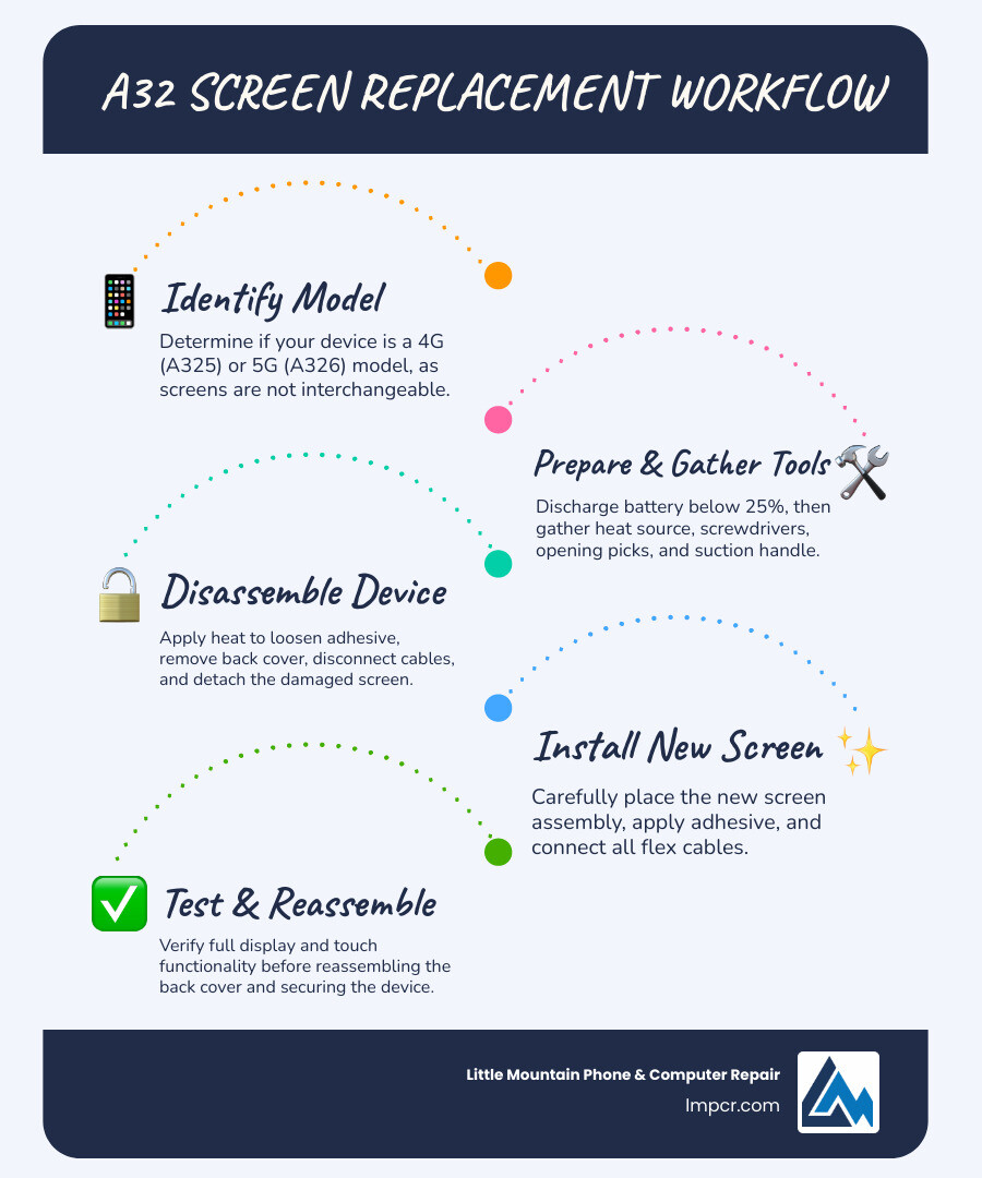 infographic showing A32 screen replacement workflow: identify model number, gather tools, discharge battery, heat and remove back cover, disconnect cables, remove damaged screen, install new screen with adhesive, test functionality, and reassemble device - a32 screen replacement infographic infographic-line-5-steps-blues-accent_colors