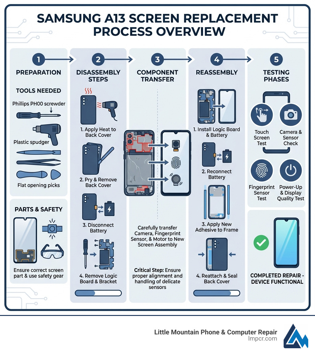 detailed infographic showing A13 screen replacement process overview including preparation, disassembly steps, component transfer, reassembly, and testing phases - a13 screen replacement infographic 