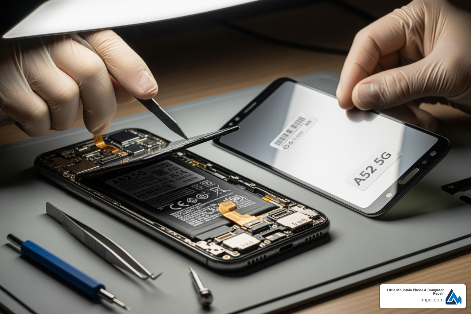 Interior view of a disassembled Samsung Galaxy A52 5G phone showing the battery, motherboard, and flex cables - a52 5g screen replacement