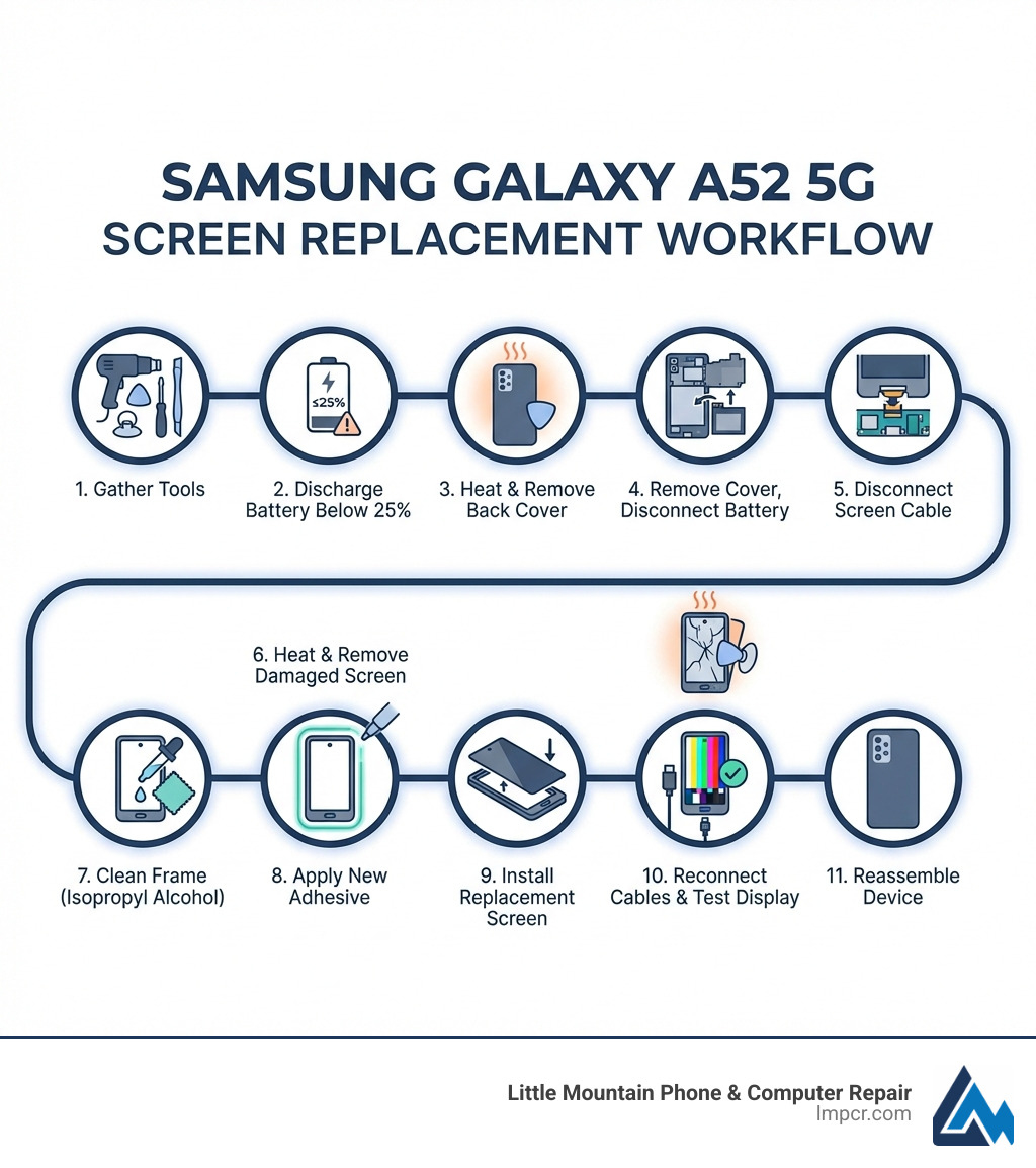 Infographic showing the complete Samsung Galaxy A52 5G screen replacement workflow: 1) Gather tools (heat source, picks, screwdriver, spudger, replacement screen), 2) Discharge battery below 25%, 3) Heat and remove back cover, 4) Remove motherboard cover and disconnect battery, 5) Disconnect screen cable, 6) Heat and remove damaged screen, 7) Clean frame with isopropyl alcohol, 8) Apply new adhesive, 9) Install replacement screen, 10) Reconnect cables and test display, 11) Reassemble device - a52 5g screen replacement infographic 