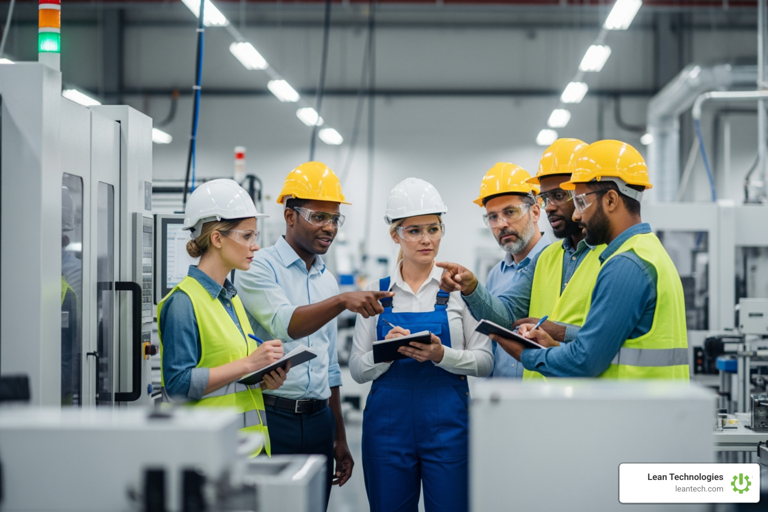 A team of manufacturing supervisors and operators conducting a Gemba walk on the shop floor, observing processes and discussing potential improvements. - continuous improvement practices