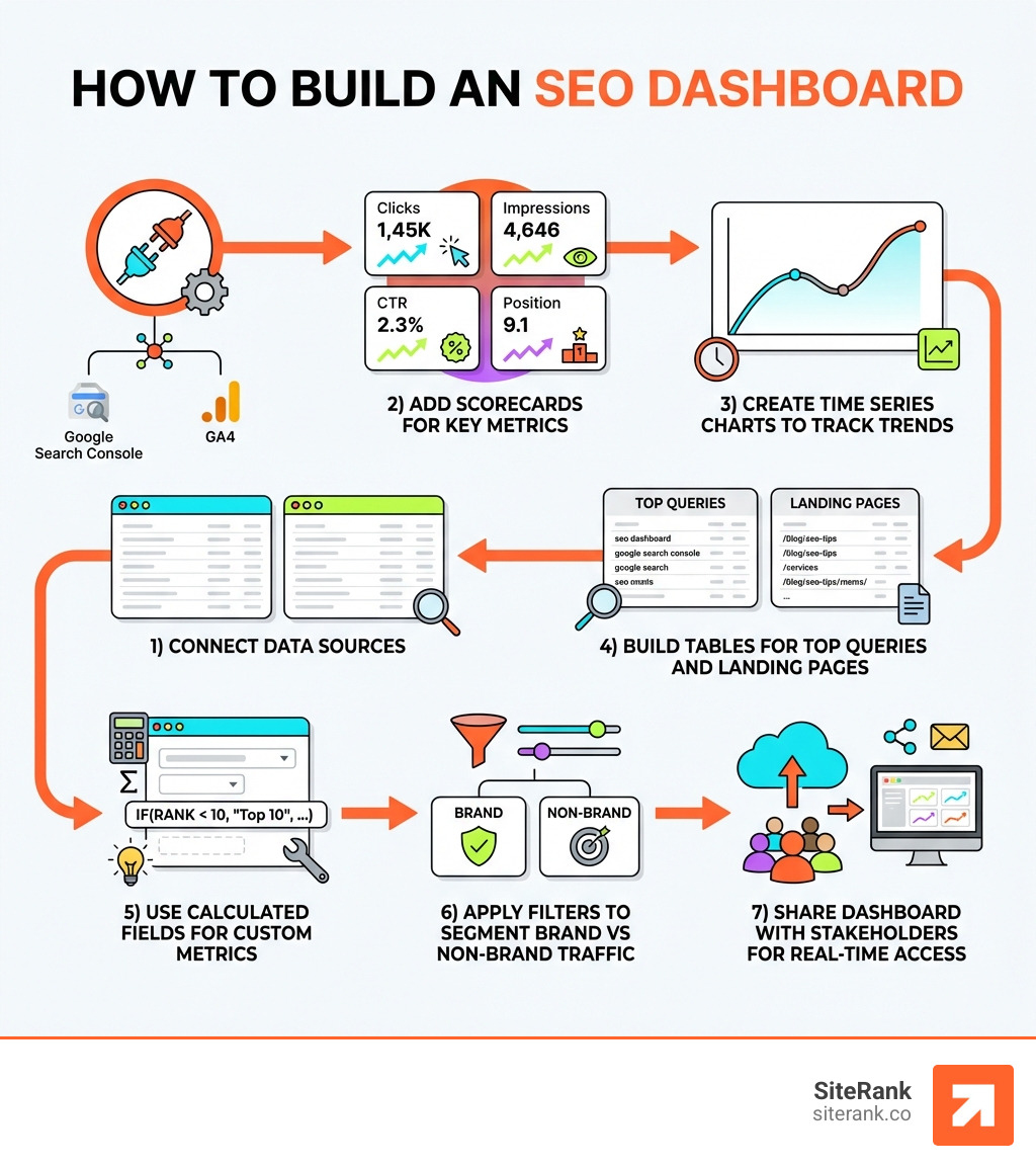 How to build an SEO dashboard: 1) Connect Google Search Console and GA4 data sources, 2) Add scorecards for key metrics (clicks, impressions, CTR, position), 3) Create time series charts to track trends, 4) Build tables for top queries and landing pages, 5) Use calculated fields for custom metrics like ranking tiers, 6) Apply filters to segment brand vs non-brand traffic, 7) Share dashboard with stakeholders for real-time access - data studio seo dashboard infographic How to build an SEO dashboard: 1) Connect Google Search Console and GA4 data sources, 2) Add scorecards for key metrics (clicks, impressions, CTR, position), 3) Create time series charts to track trends, 4) Build tables for top queries and landing pages, 5) Use calculated fields for custom metrics like ranking tiers, 6) Apply filters to segment brand vs non-brand traffic, 7) Share dashboard with stakeholders for real-time access - data studio seo dashboard infographic