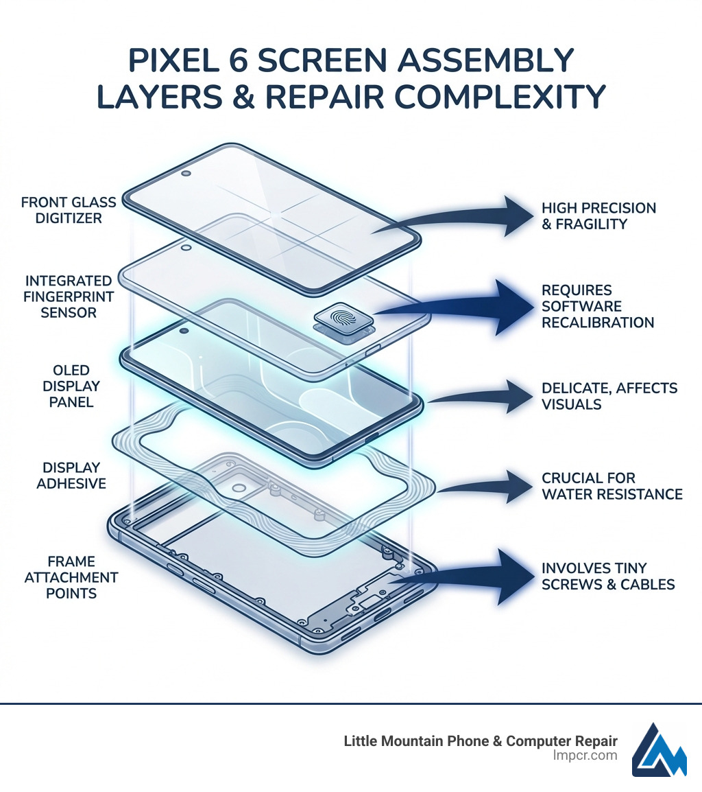 Infographic showing Pixel 6 screen assembly layers including front glass digitizer, OLED display panel, integrated fingerprint sensor, display adhesive, and frame attachment points with labeled arrows indicating repair complexity factors - Pixel 6 screen repair infographic 