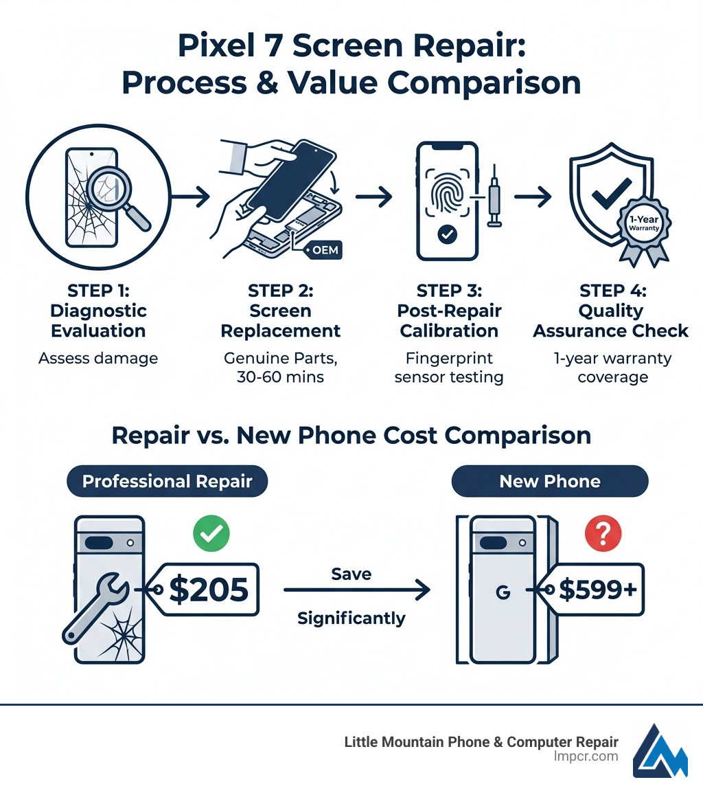 Infographic showing Pixel 7 screen repair process: step 1 - diagnostic evaluation to assess damage, step 2 - screen replacement with genuine OEM parts in 30-60 minutes, step 3 - post-repair calibration including fingerprint sensor testing, step 4 - quality assurance check with 1-year warranty coverage, with cost comparison showing professional repair at $205 vs new phone at $599+ - Pixel 7 screen repair infographic 