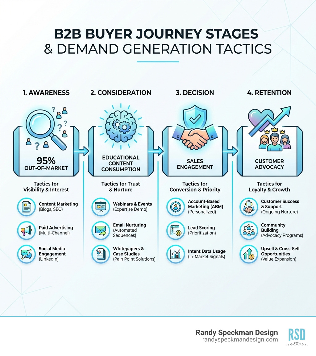 infographic showing the B2B buyer journey stages: awareness (95% out-of-market), consideration (educational content consumption), decision (sales engagement), and retention (customer advocacy), with corresponding demand generation tactics for each stage - b2b demand generation tactics infographic 