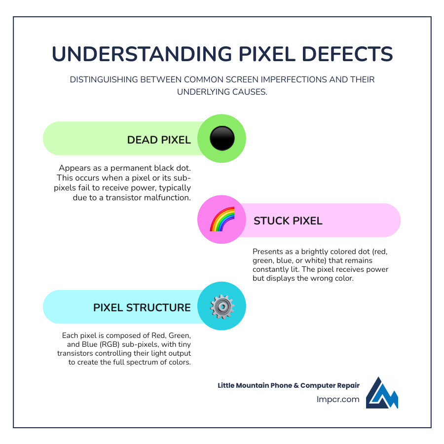 Infographic showing three types of pixel defects: Dead Pixel (all subpixels off, appears black), Stuck Pixel (one or more subpixels permanently on, appears as colored or white dot), and the structure of a normal pixel with red, green, and blue subpixels controlled by transistors - Dead pixel screen repair infographic infographic-line-3-steps-colors