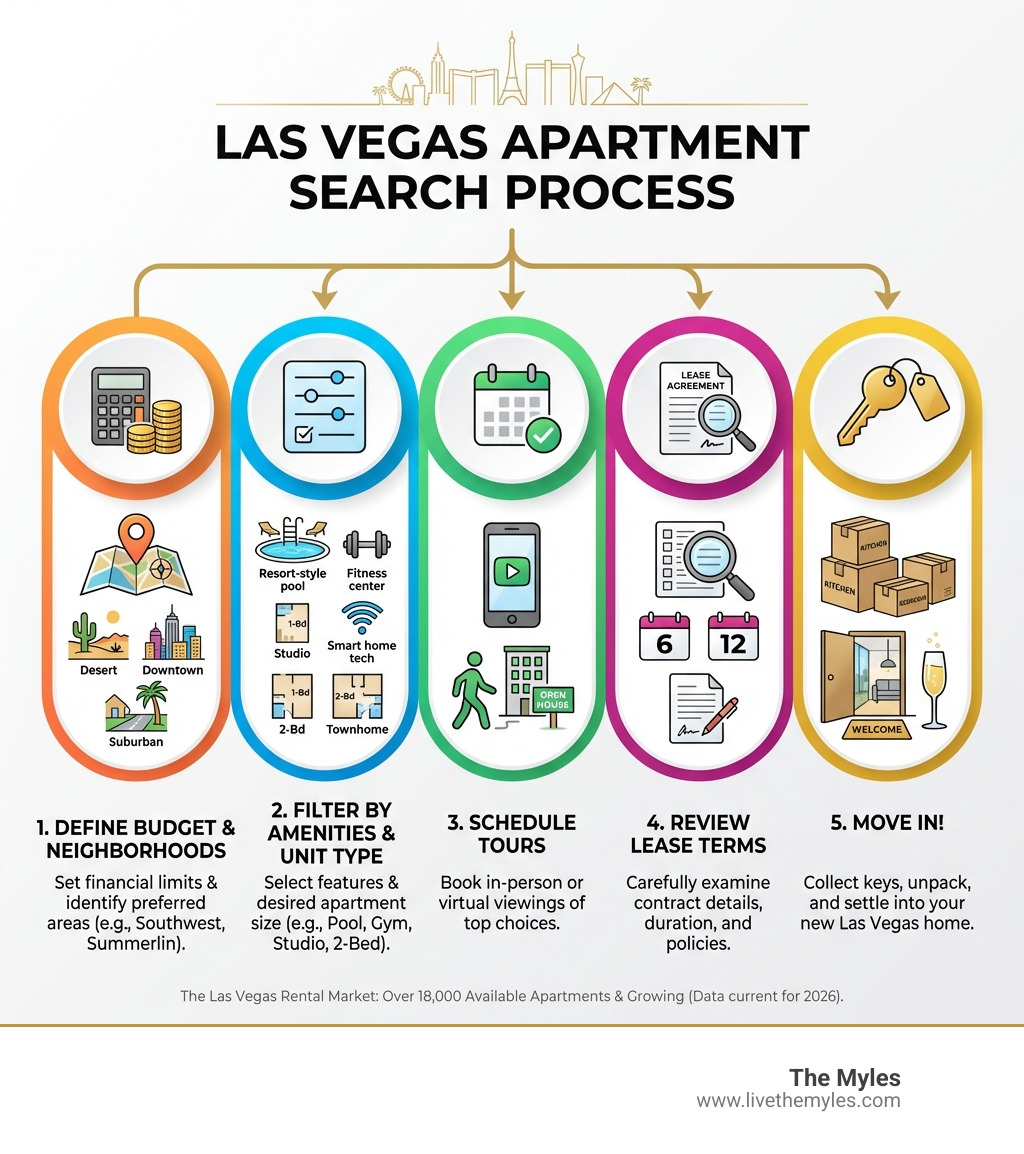 Las Vegas apartment search process showing steps from defining budget and preferred neighborhoods, to filtering by amenities and unit type, scheduling tours, reviewing lease terms, and moving in - Las Vegas apartment complex infographic Las Vegas apartment search process showing steps from defining budget and preferred neighborhoods, to filtering by amenities and unit type, scheduling tours, reviewing lease terms, and moving in - Las Vegas apartment complex infographic