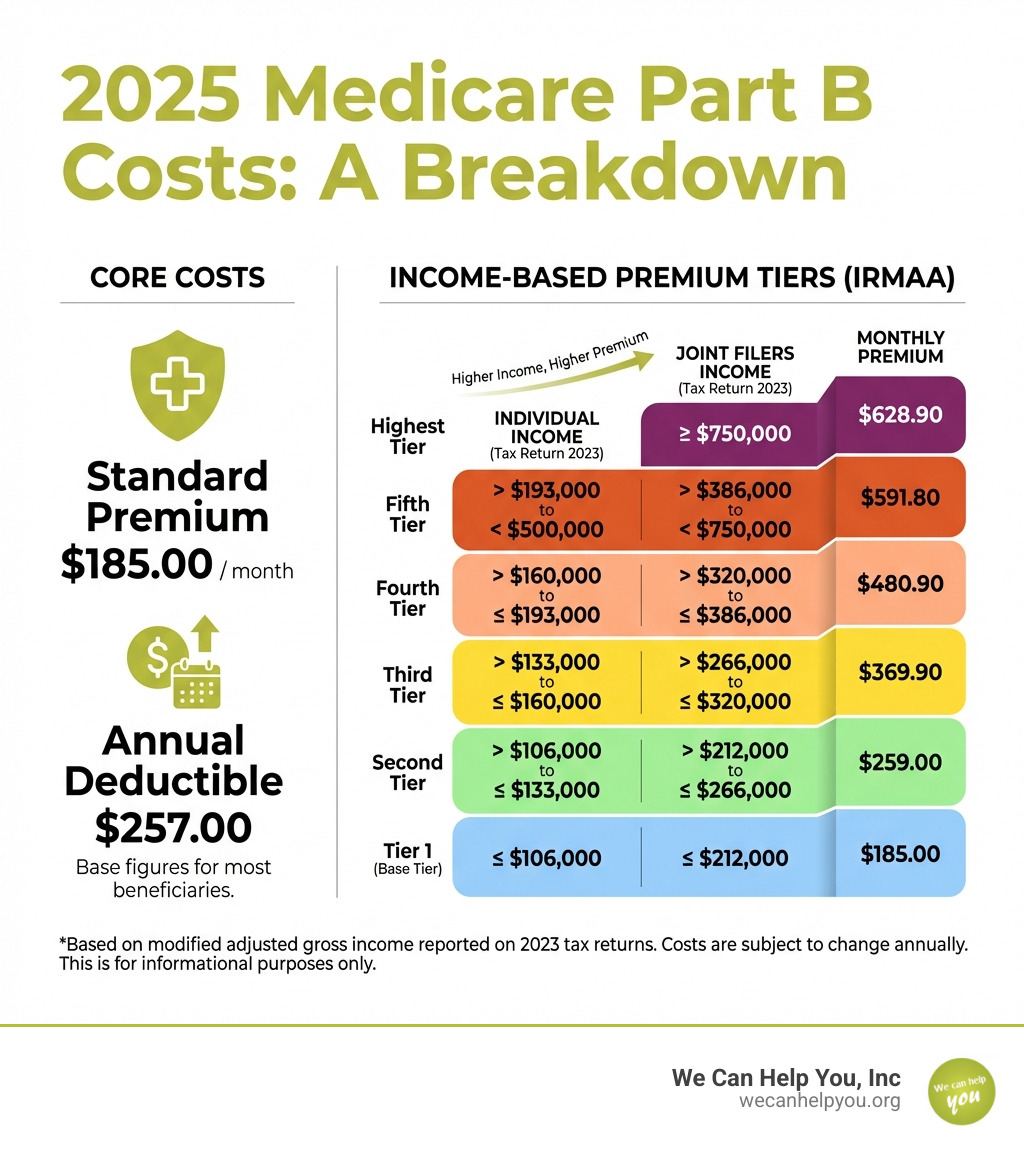 Detailed breakdown of 2025 Medicare Part B costs showing standard premium of $185, deductible of $257, and income-based premium tiers ranging from $259 to $628.90 for high earners, with income thresholds for individuals and joint filers - what is the medicare premium for 2025 per month infographic 