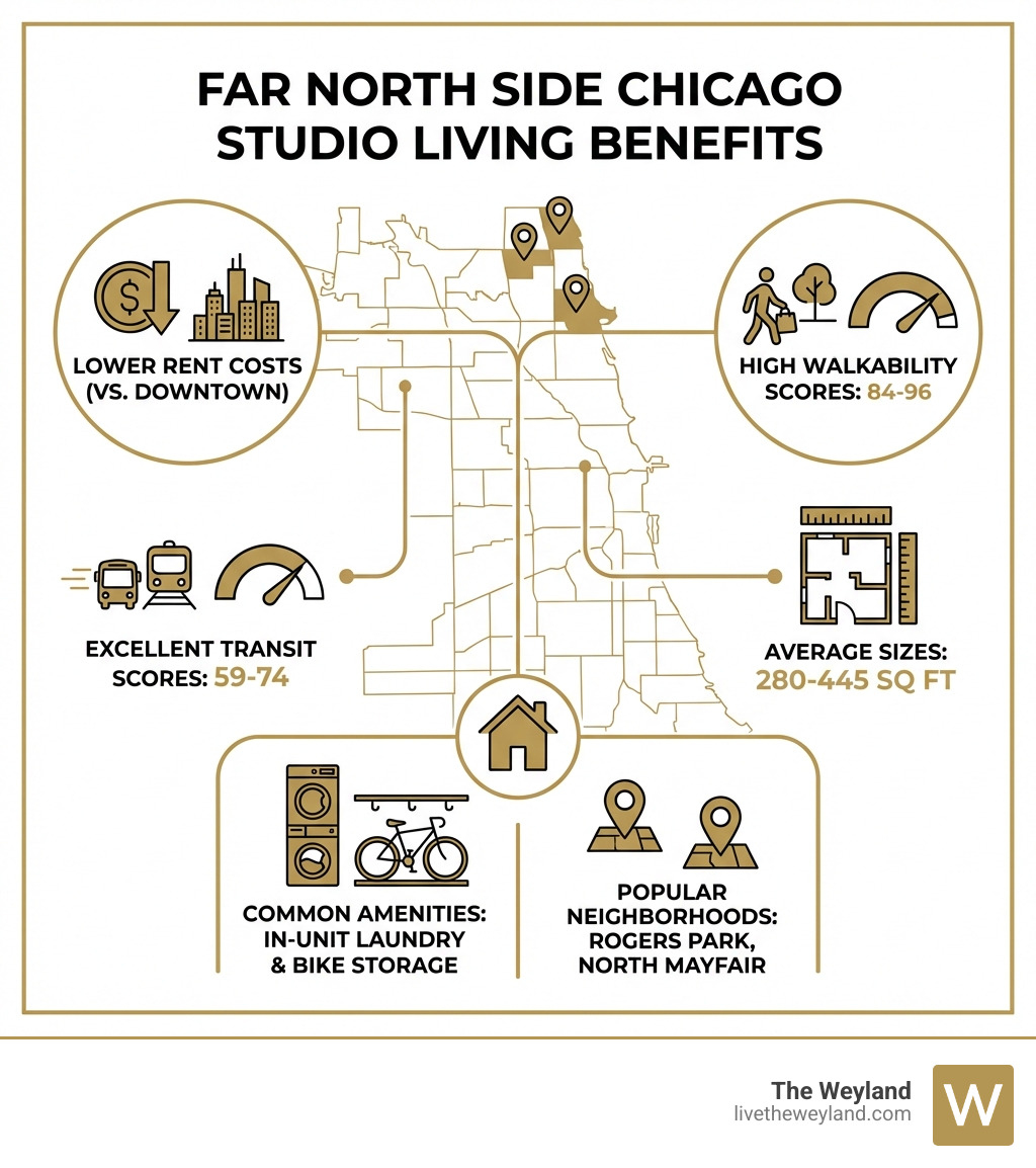 infographic showing benefits of studio apartment living in Chicago's Far North Side including lower rent costs compared to downtown, excellent transit scores of 59-74, high walkability scores of 84-96, average sizes of 280-445 square feet, common amenities like in-unit laundry and bike storage, and popular neighborhoods including Rogers Park and North Mayfair - studio apartment in far north side chicago infographic 